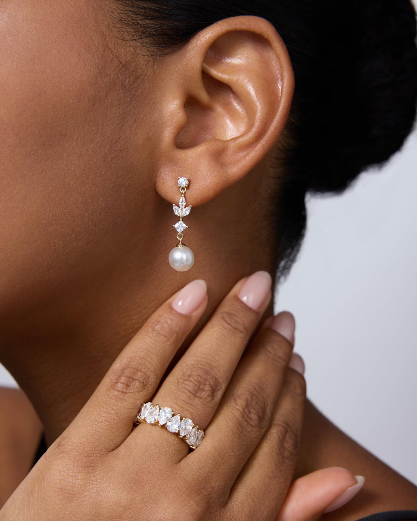 PAVOI 14K Yellow Gold Plated Pearl Drop Earrings for Women - 925 Sterling Silver Posts Large Dangle Pearl Wedding Earrings for Brides & Bridesmaids - Cubic Zirconia Crystal Linear Bridal Jewelry Gifts