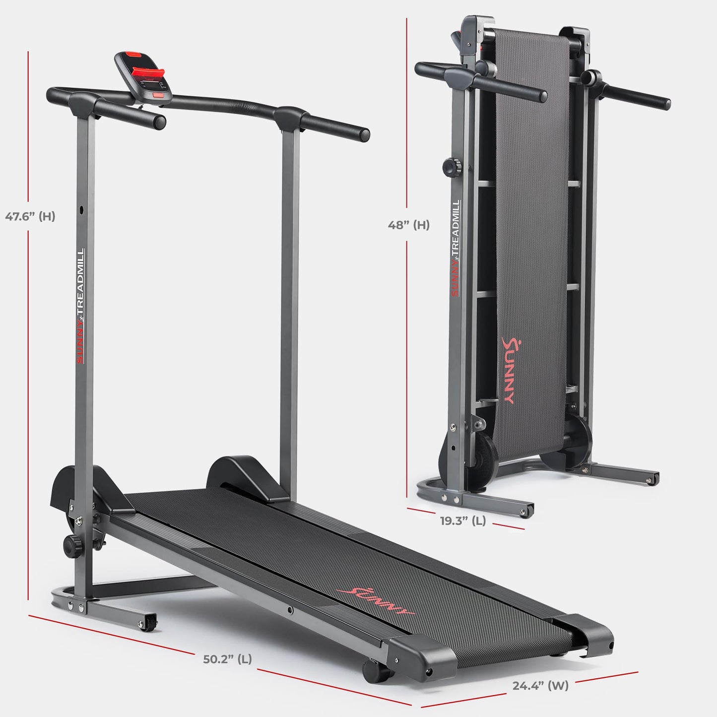 Sunny Health & Fitness Smart Manual Walking Treadmill, 300 LB Weight Capacity, Non-Electric, Fixed Incline, Compact & Foldable, Digital Monitor, Bluetooth Connection with SunnyFit App - SF-T1407SMART