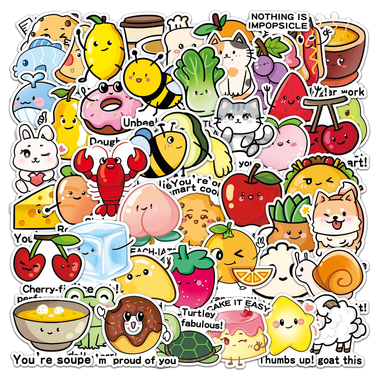 100PCS Food Pun Positive Affirmation Stickers, Funny Blessing Quotes, Vinyl Motivational Reward Decals, Kawaii Fruit Stickers for Small Business, Classroom Teachers, Water Bottles, Laptops, Scrapbooks