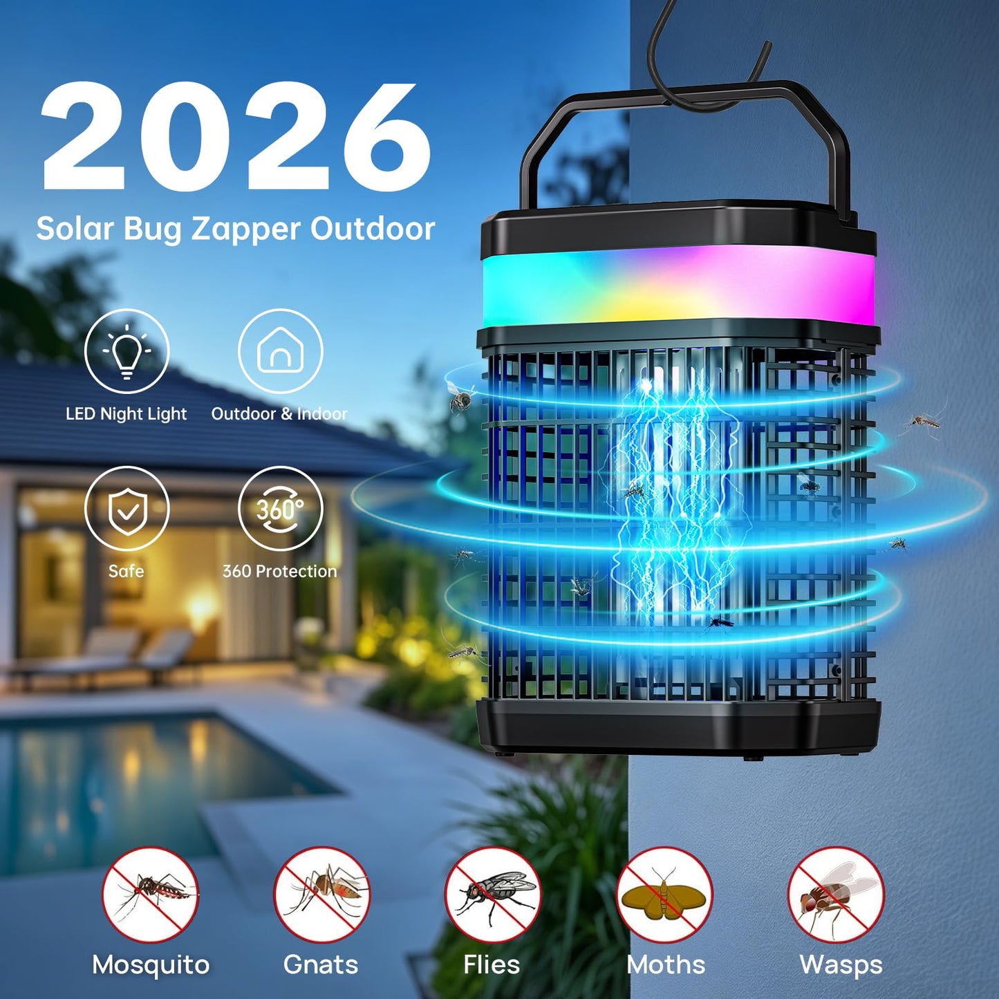 Solar Bug Zapper Outdoor, 4 in 1 Portable & Rechargeable Bug Zapper Outdoor with 5000mAH Battery, 4000V Mosquito Zapper Waterproof with LED Night Light, for Camping, Patio, Backyard (Black)