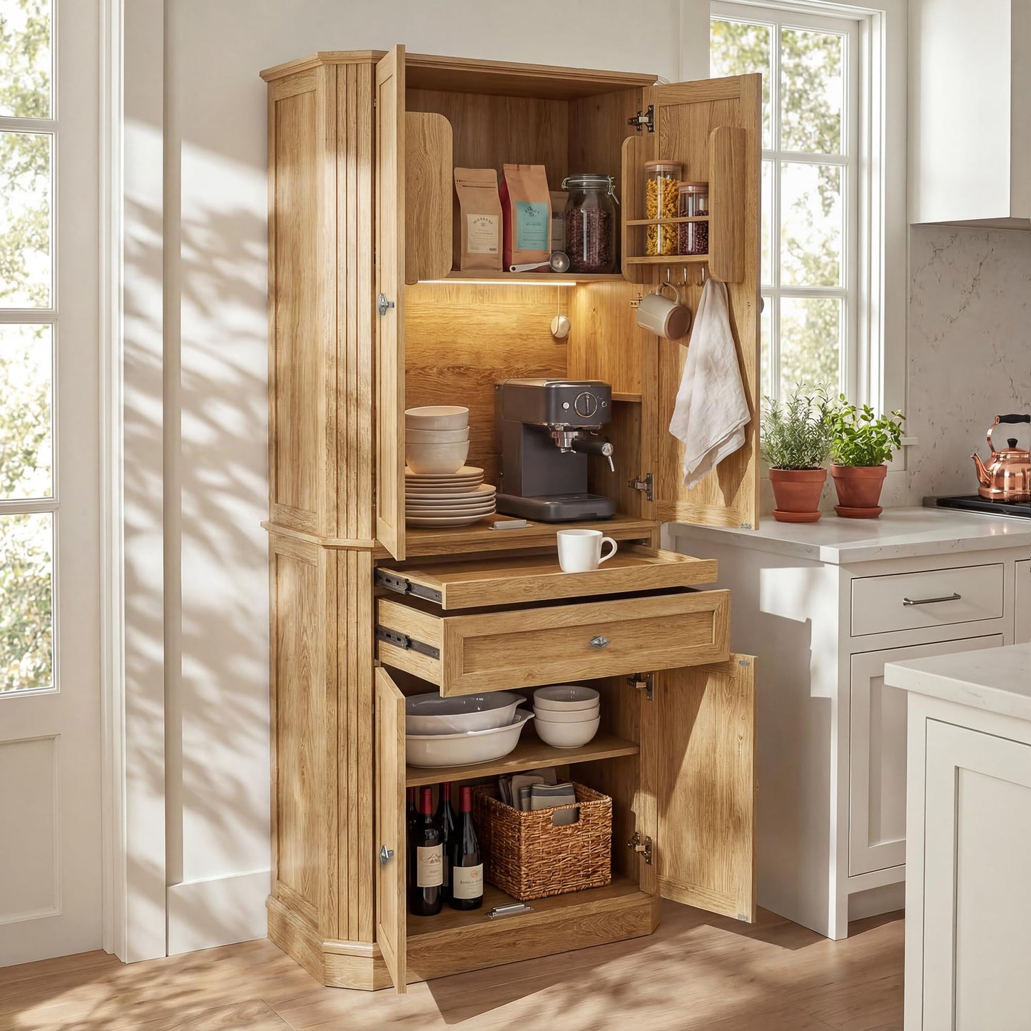 AMBERHAUS 72.2" Tall Kitchen Pantry Storage Cabinet with Doors, Farmhouse Storage Cabinet with Drawers, Adjustable Shelves and Pull-Out Shelves, Oak Wood Pantry Cupboard for Kitchen, Dining Room