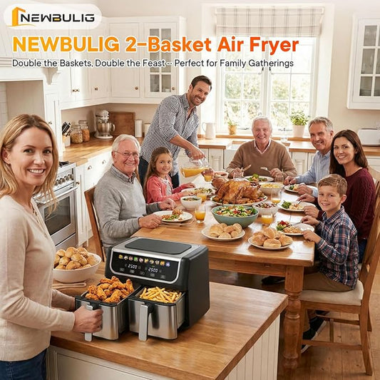 NEWBULIG Dual Air Fryer with 2 Baskets 9.5 QT, 10 in 1 Large Air Fryers with Ceramic Crisper Plate, Match Cook, Sync Finish, Shake Reminder, 80-450°F Wide Temp, Roast, Defrost, Dehydrate, Bake, Black