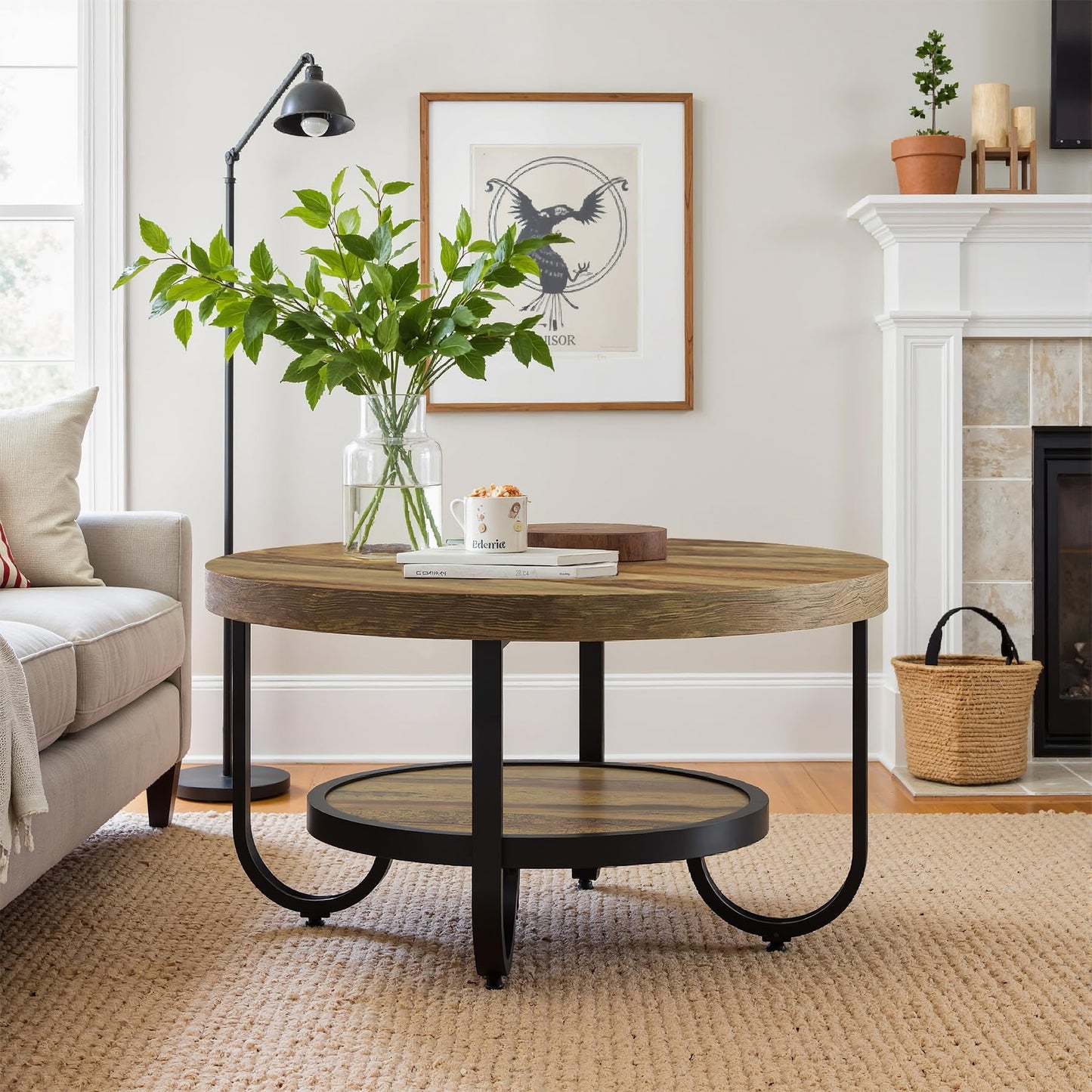 Tribesigns 2-Tier Round Coffee Table with Storage Shelf for Living Room, 31.1-Inch Center Cocktail Table with Sturdy Curved Metal Legs, Easy Assembly, Brown