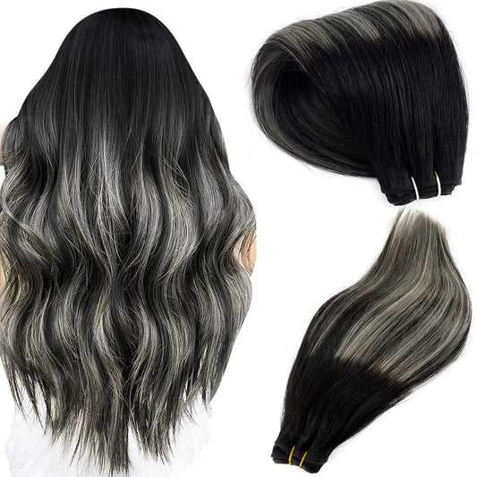 Silver Sew in Hair Extensions 14 Inch 80Gram Weft Hair Extensions Balayage Human Hair Extensions Hair Wefts Color #1B/Silver/1B Off Black Mixed with Silver Remy Straight Hair Weave Bundles Real Hair