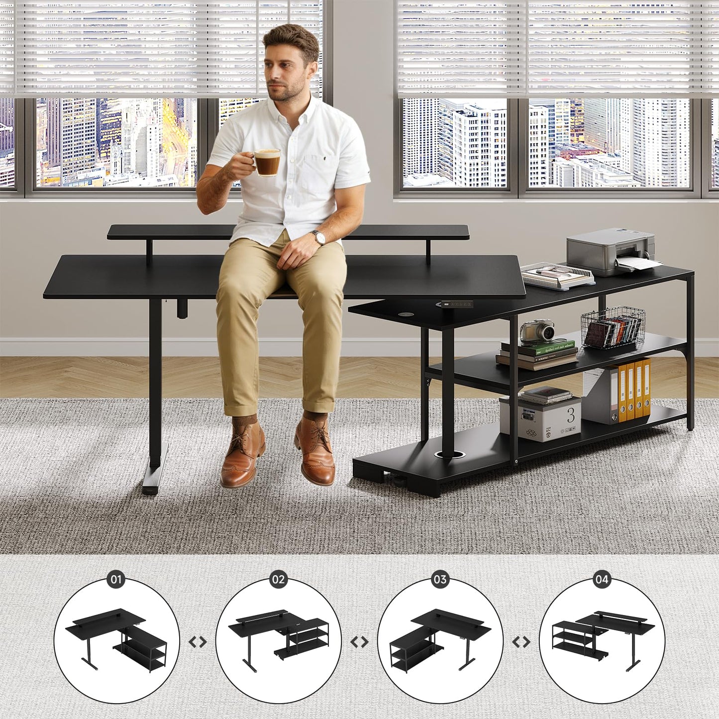Lefurture Standing Desk with File Cabinet, 63x24'' L Shaped Electric Stand Up Desk with Adjustable Monitor Shelf, Adjustable Height 28-46'' for Home and Computer Workstation, Black