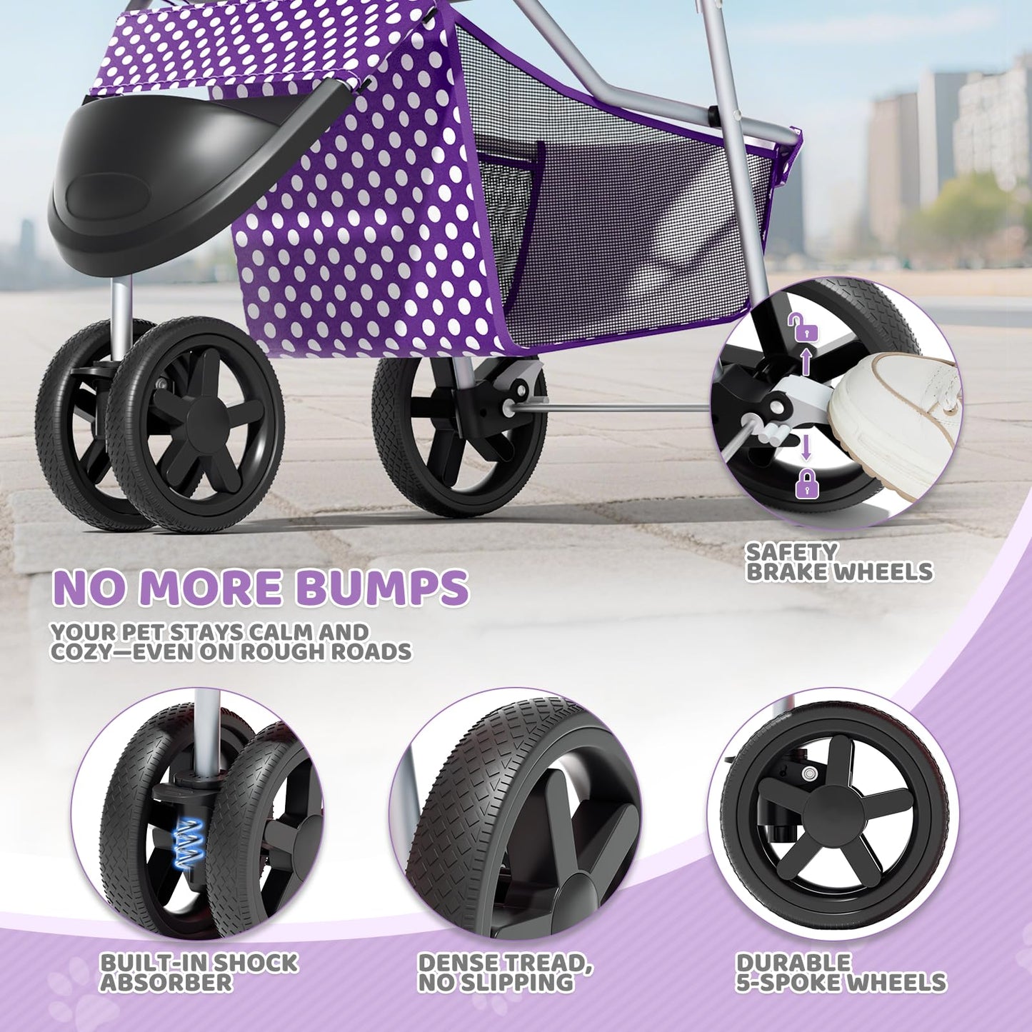 Magshion 3-Wheel Pet Stroller, Foldable Travel Jogger for Small & Medium Dogs & Cats (Up to 33lbs), Lightweight Carrier with Breathable Mesh Cover, Cup Holder & Storage Basket, Purple Polka Dots