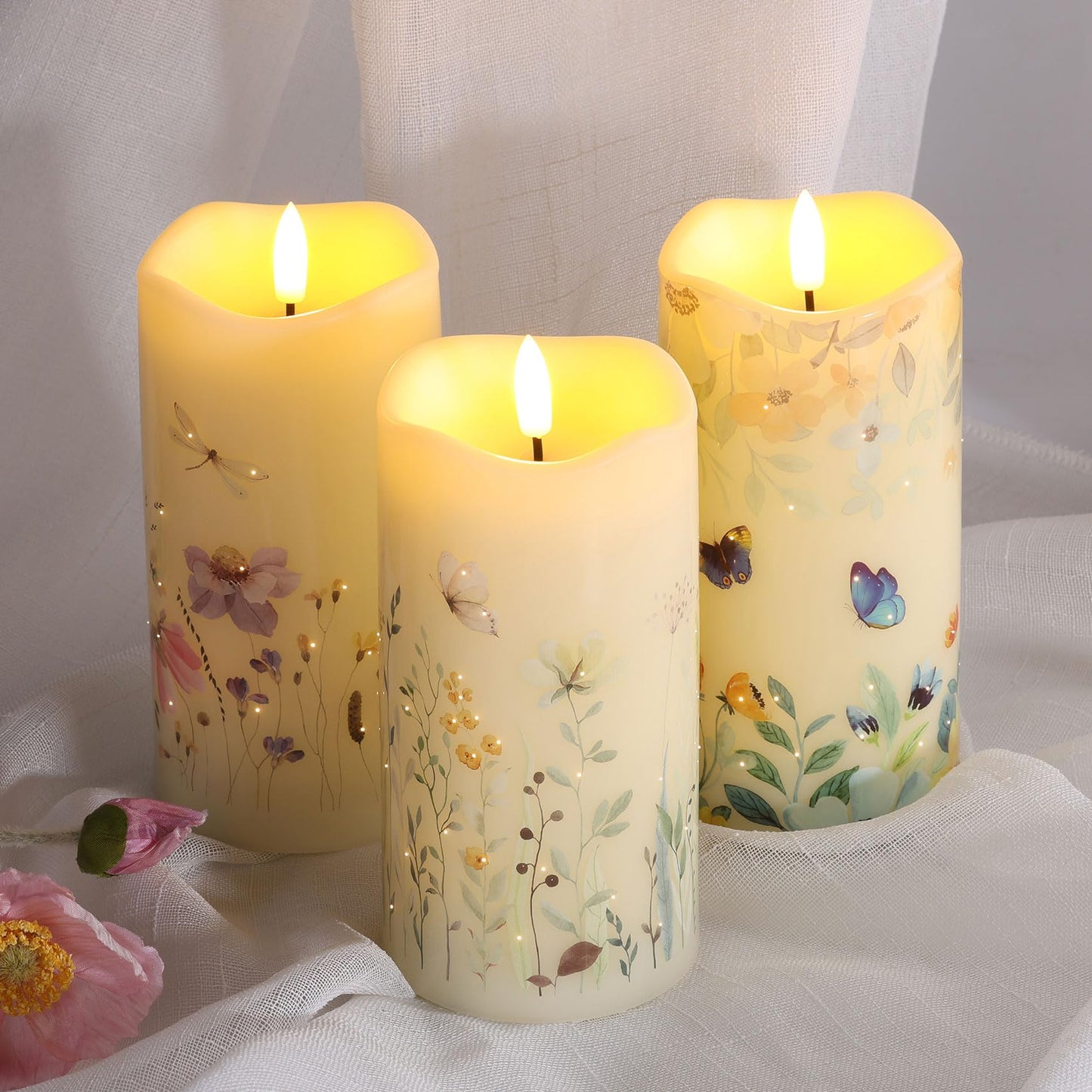 Eywamage Fiber Optic Flameless Pillar Candles with Remote Set of 3, Butterfly Floral Spring LED Candles Battery Operated Gift Φ 3" H 6"""