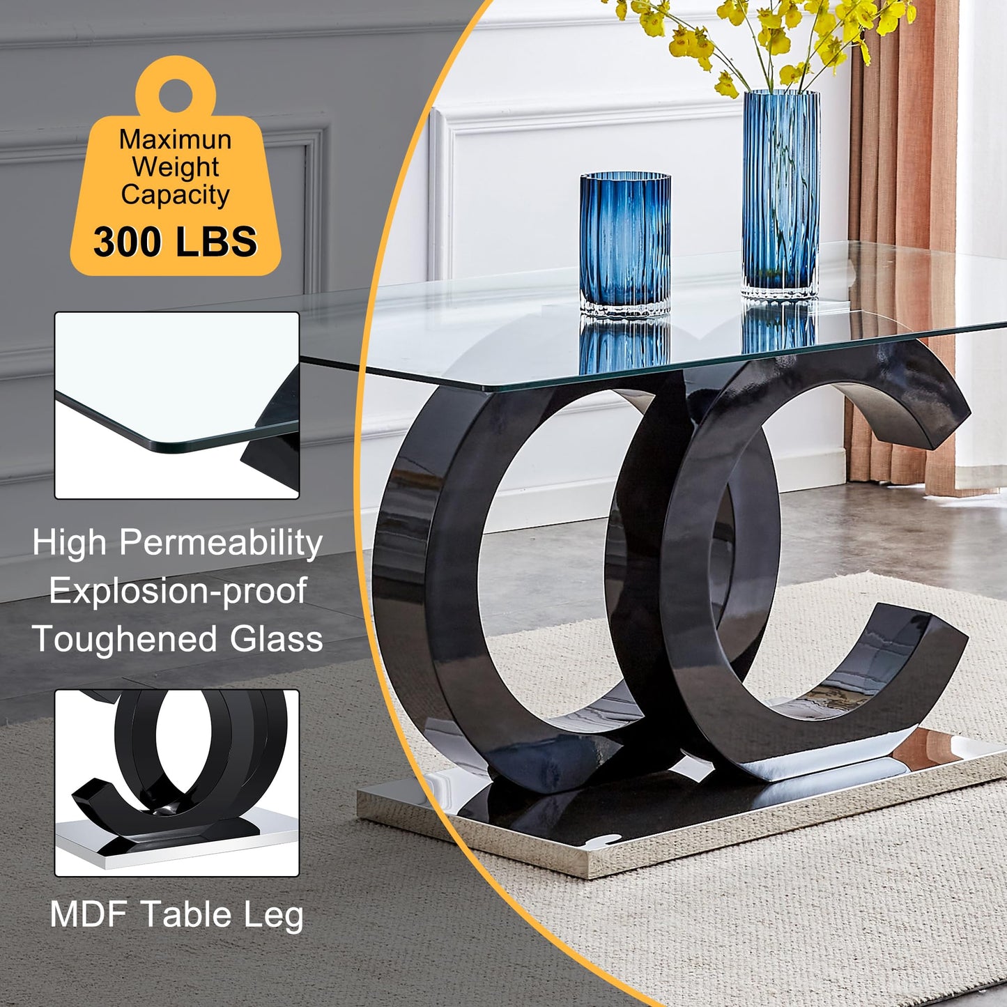 Ebullient Modern 7-Piece Dining Table Set, Tempered Glass Top, 6 PU Leather Ergonomic Chairs, Black