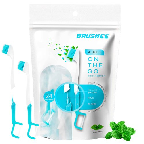 Brushee - The Evolution of Oral Care | 4-in-1 Tool (Paste + Brush + Floss + Pick) | Individually Wrapped | Disposable | Prepasted Travel Toothbrushes | Small Adult Toothbrush - (120-Pack)