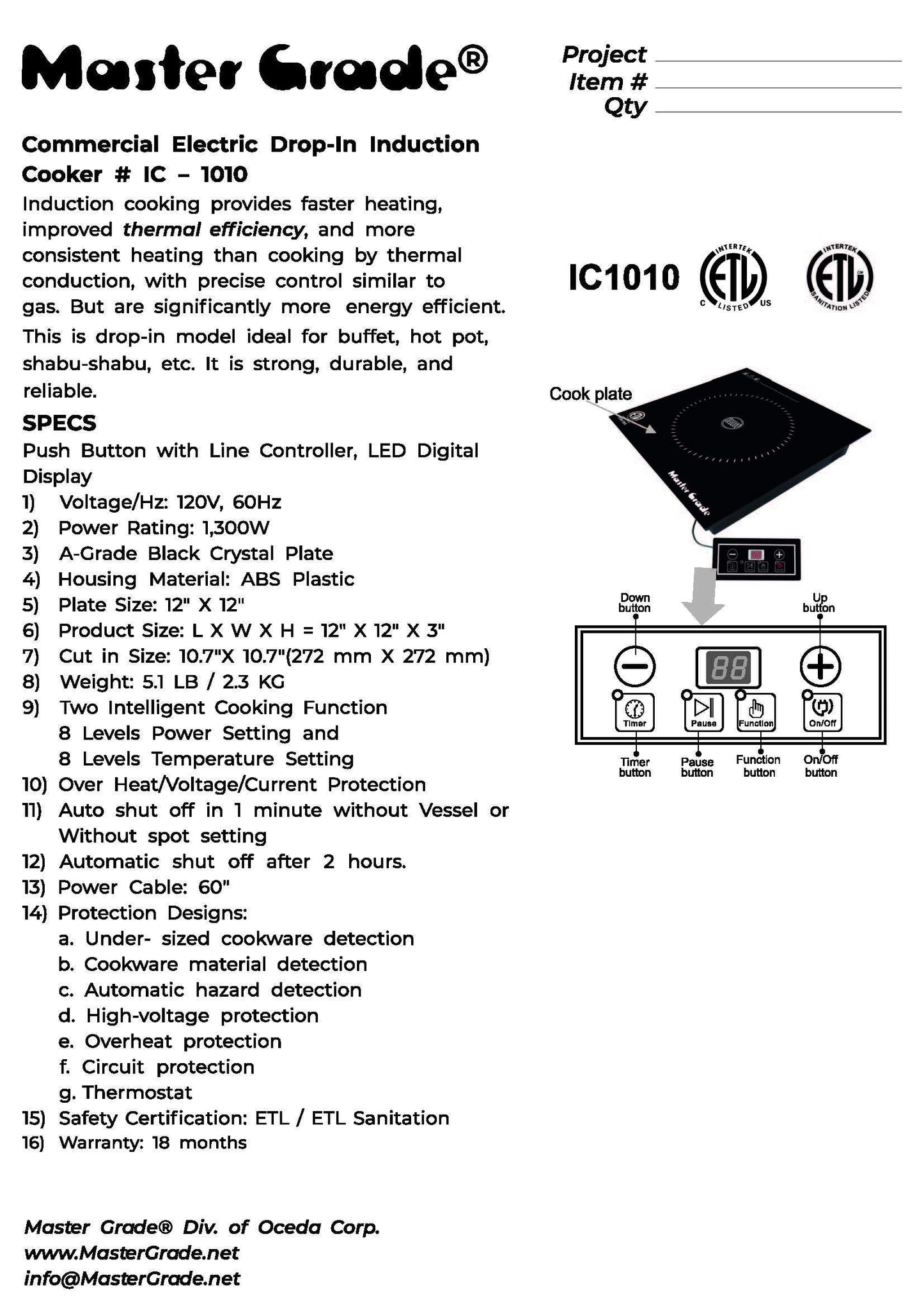 Master Grade Portable Induction Cooktop, Hot Plate Electric, Single Burner, 10 Levels Power, 120V, 1300W, ETL Sanitation