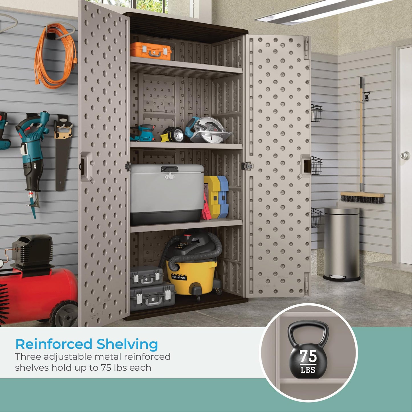 Suncast 31 Cubic Feet Mega Tall Storage Cabinet with 3 Adjustable Shelves, Platinum Metallic & Slate – Garage or Basement Utility Resin Organizer with 75 Pound Capacity Per Shelf and Lockable Doors