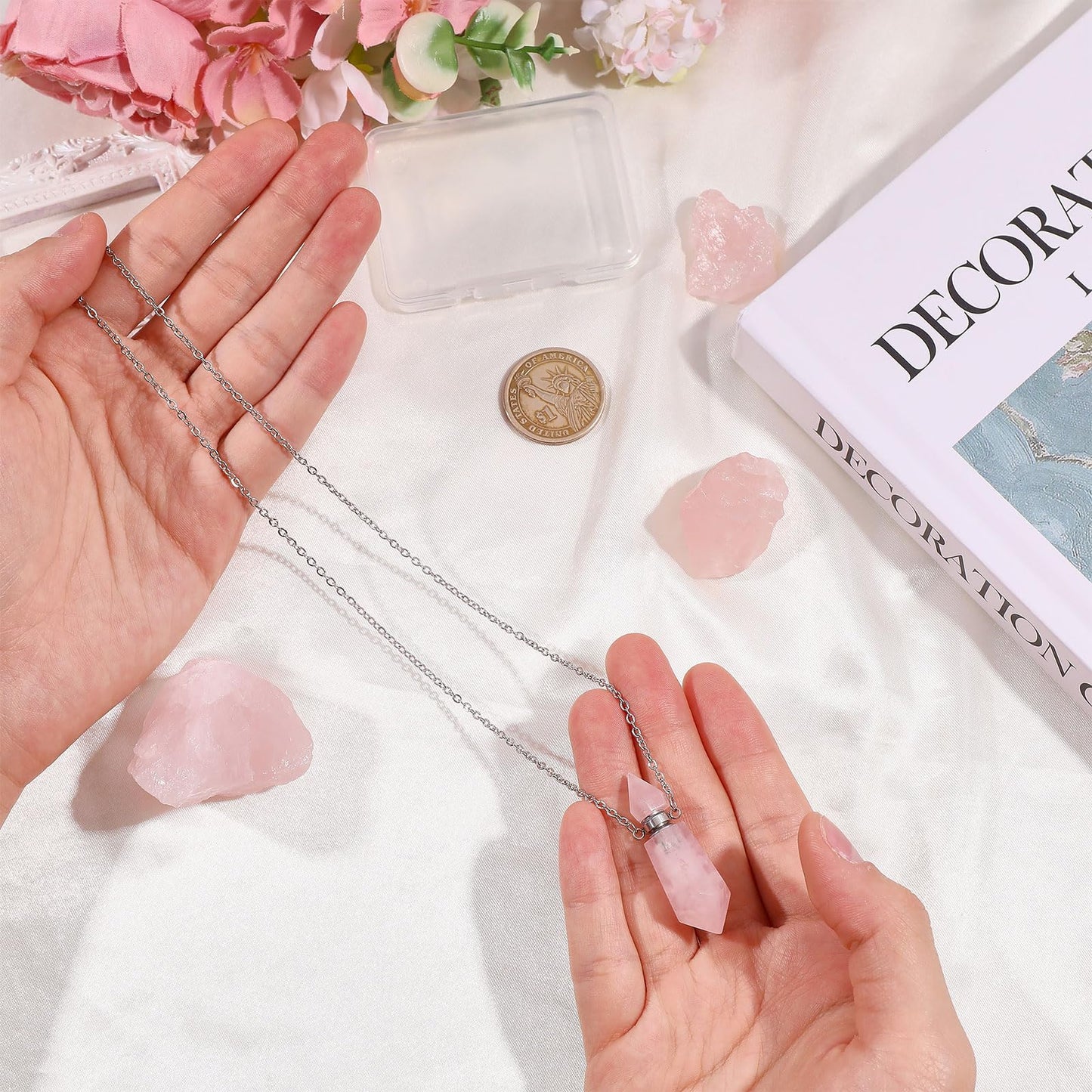 CONCHLERY Perfume Bottle Necklace Natural Stone Essential Oil Diffuser Perfume Bottle Pendant with Alloy Chain for Womens Vial Pendant Necklace Jewelry Unique Gift, Pink