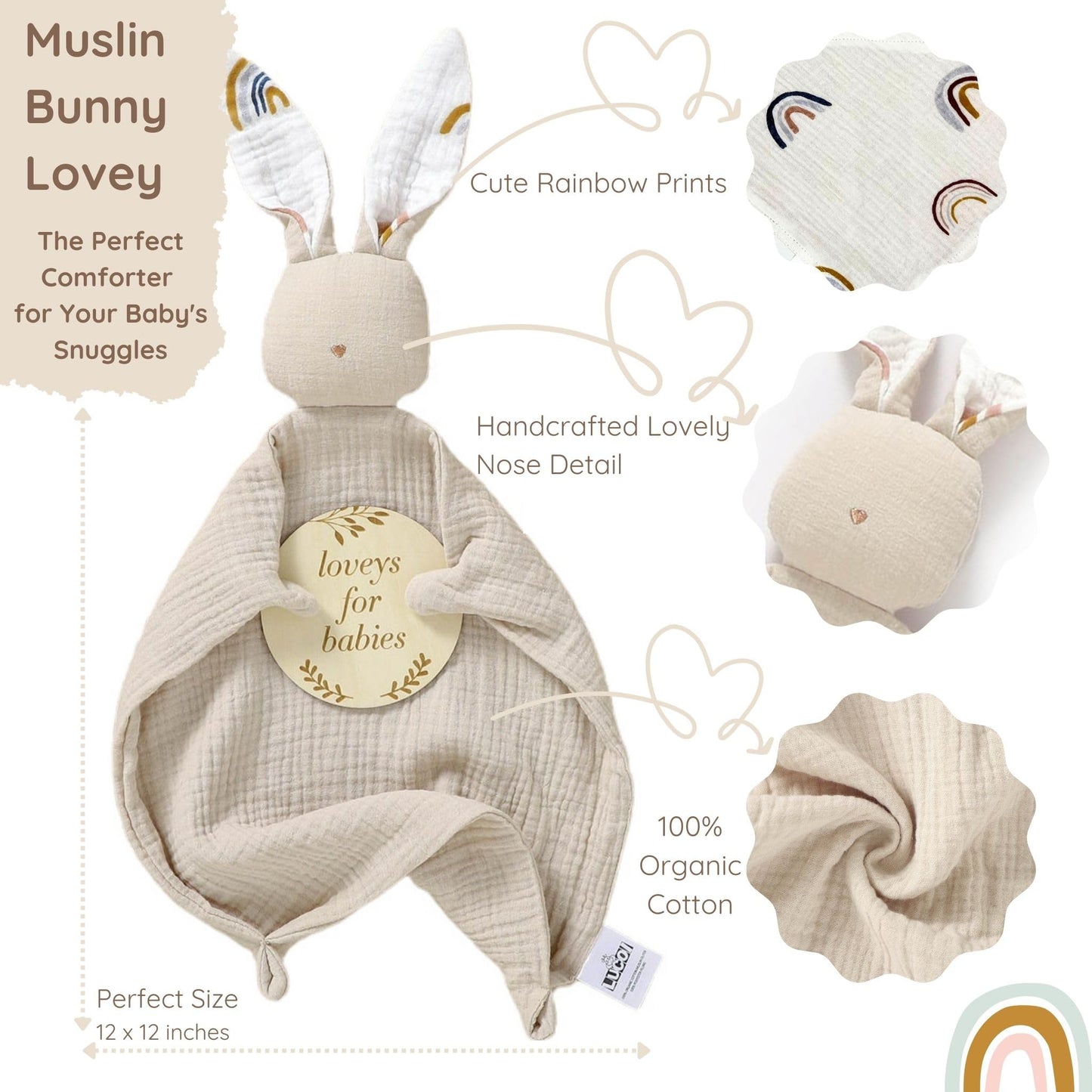 LUCOI Organic Cotton Baby Gift Set – 4 Piece Muslin Bunny Lovey Blanket + Teether Ring + Bandana Bib + Announcement Card | Gender Neutral Newborn Gift Box | Organic Lovey for Babies