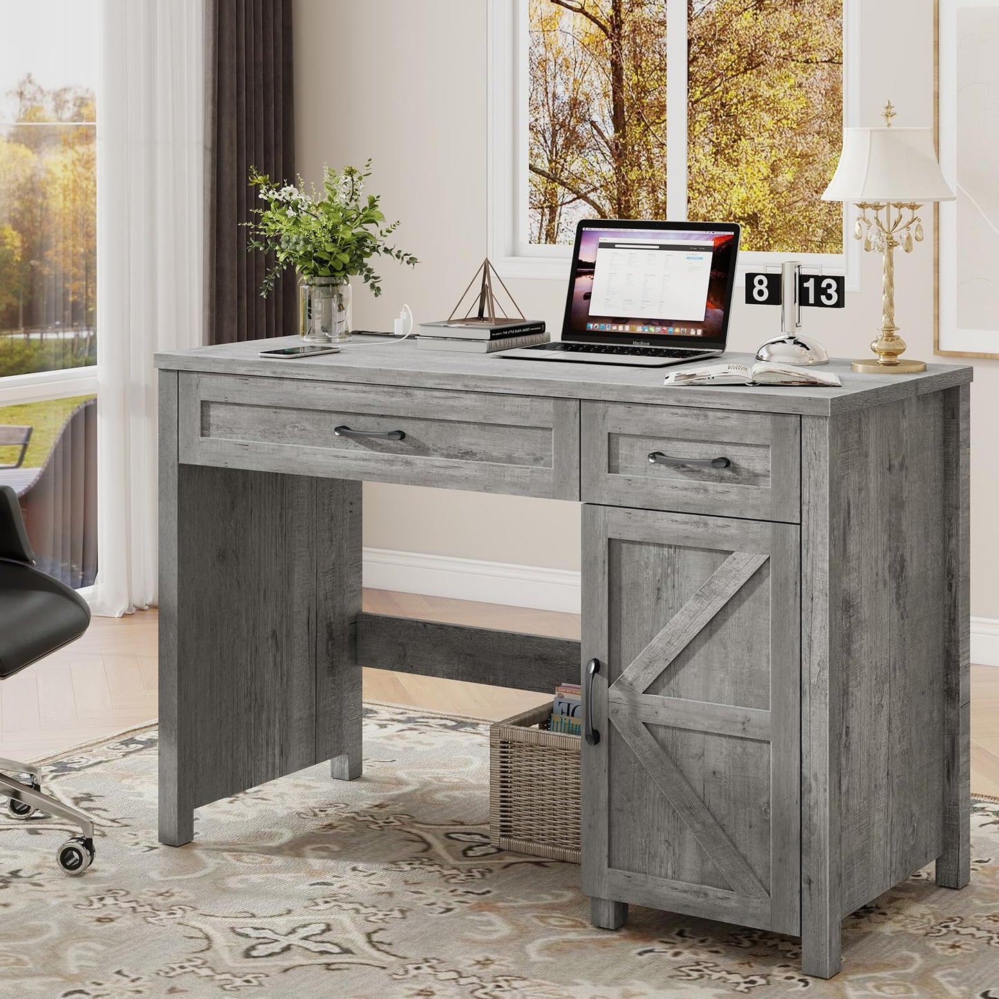 Befrases Farmhouse 47" Executive Desk, Computer Desk with Drawers and Storage Cabinet, Workstation for Home Office and Study.(Grey)