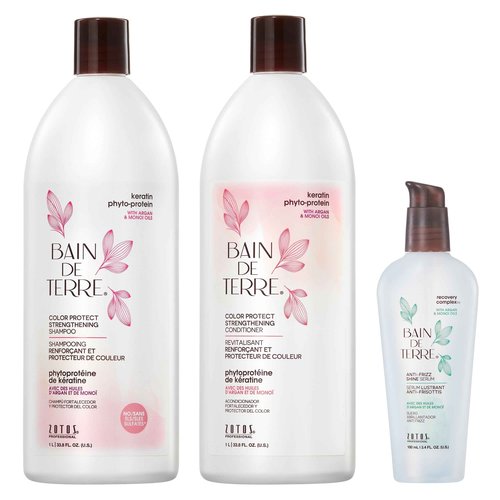Bain de Terre Strengthening Shampoo and Conditioner Set & Shine Serum | Keratin Phyto-Protein | Strengthens Weak & Fragile Hair | Paraben Free | Color-Safe | 33.8 Fl Oz