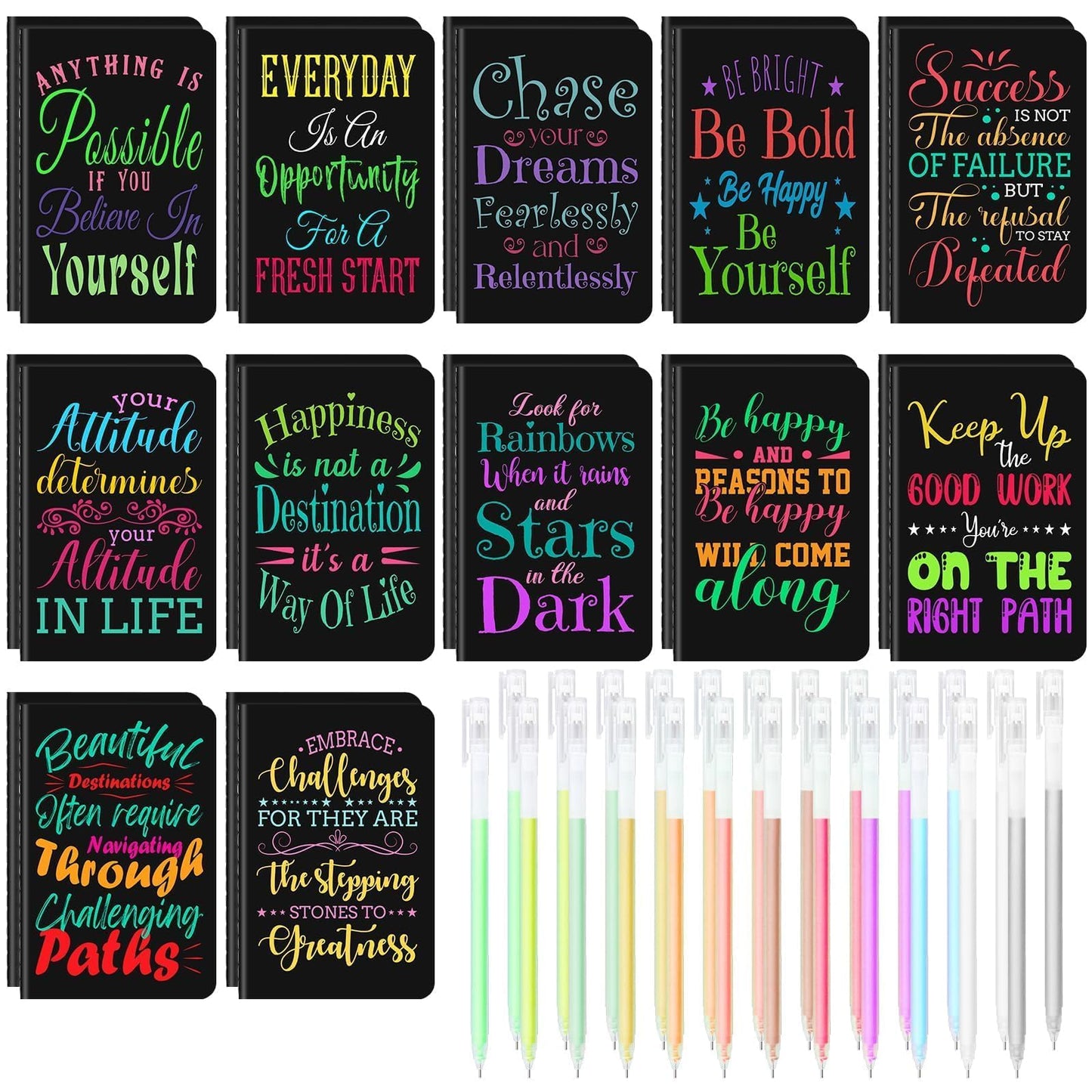 24 Pcs Mini Inspirational Notebooks Bulk with 24 Pcs Colorful Pens, Small Pocket Journal Notepads Set, Motivational Bulk Gifts for Women Men Teacher Student, Fun School Office Supplies, 3.5" x 5.5"