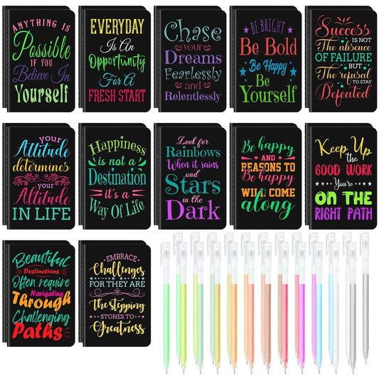 24 Pcs Mini Inspirational Notebooks Bulk with 24 Pcs Colorful Pens, Small Pocket Journal Notepads Set, Motivational Bulk Gifts for Women Men Teacher Student, Fun School Office Supplies, 3.5" x 5.5"