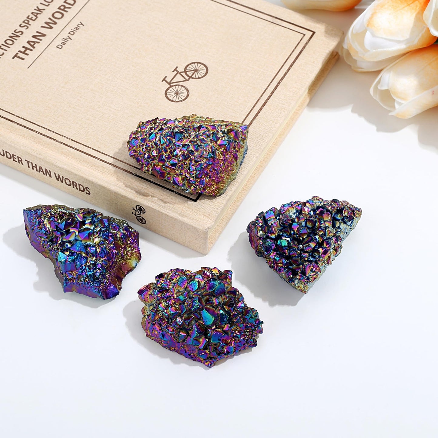 ZHIYUXI Rainbow Crystal Titanium Coated Crystal Cluster Crystal Geode Decor Rainbow Rock Natural Raw Crystal Energy Balance Reiki Wicca Home Decor 1Pc 50-70g