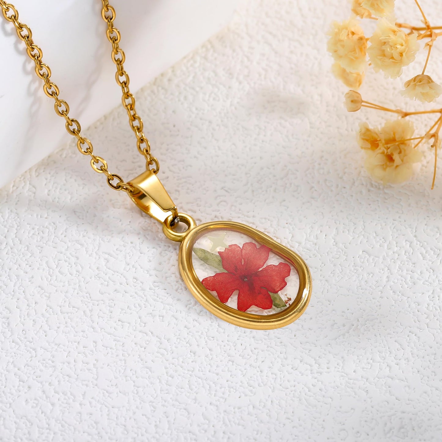 LETFLY Birth Flower Necklaces for Women, 18K Gold Plated Oval Shaped Handmade Floral Pendant, Pressed Flower Necklace Jewelry Gifts Prosperity