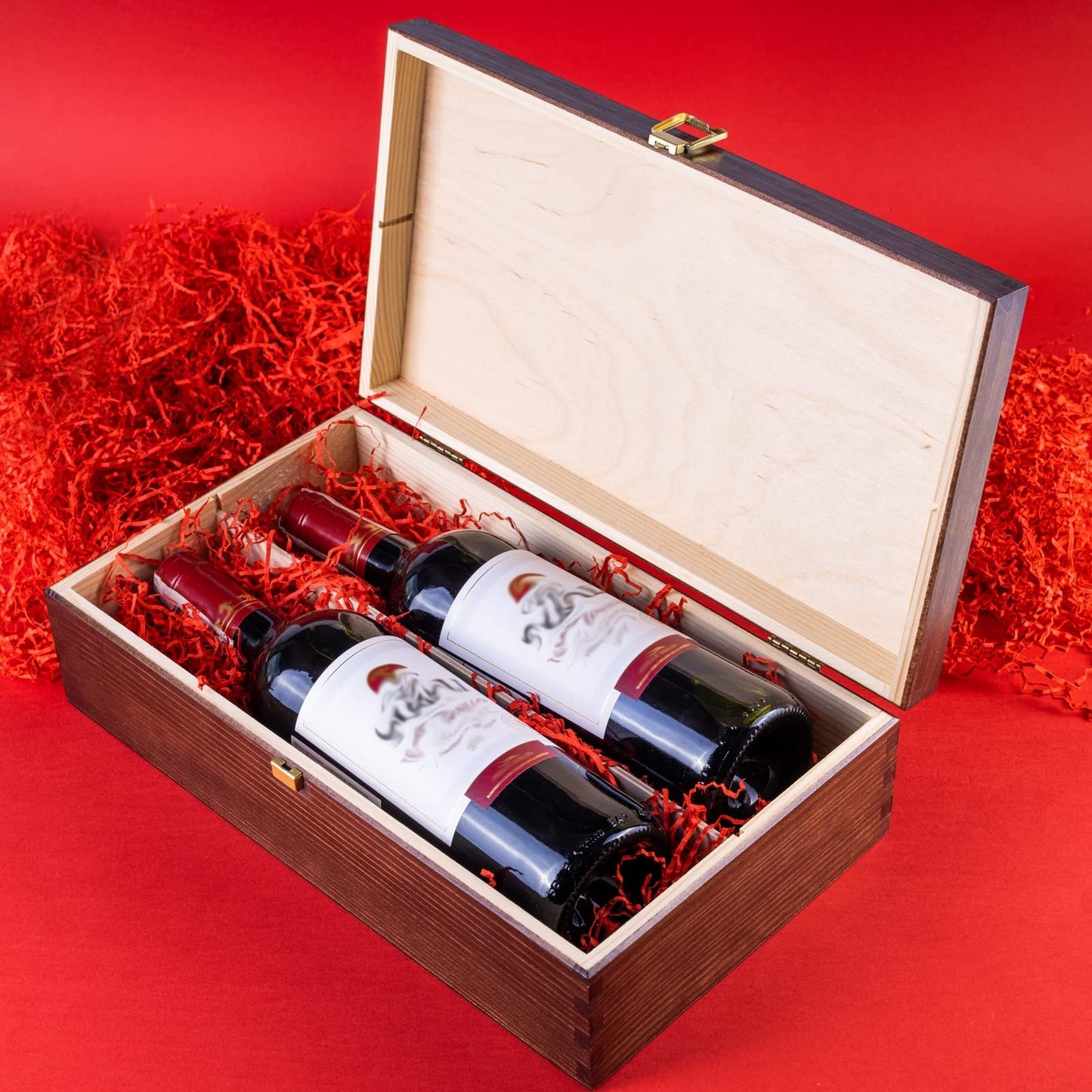 Creative Deco Brown Wine Wooden Box Gift Storage | 2 Bottles | 13.77 x 7.87 x 3.93 in (+/- 0.5in) | Wood Holder Lacquer |Box for Christmas, Birthday, Wedding, Valentine’s Day, Anniversary
