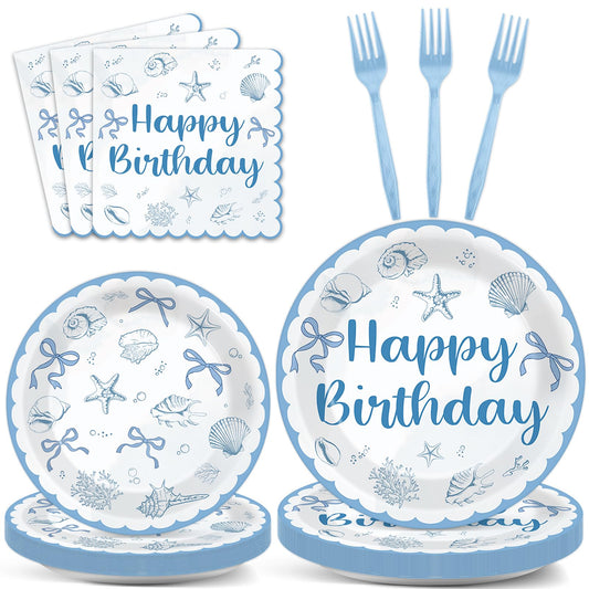96PCS Coastal Beach Birthday Plates and Napkins Blue Bow Seashell Birthday Party Supplies Disposable Ocean Seashell Bow Tableware Set for Summer Beach Wedding Bachelorette Baby Shower Serves 24 Guests