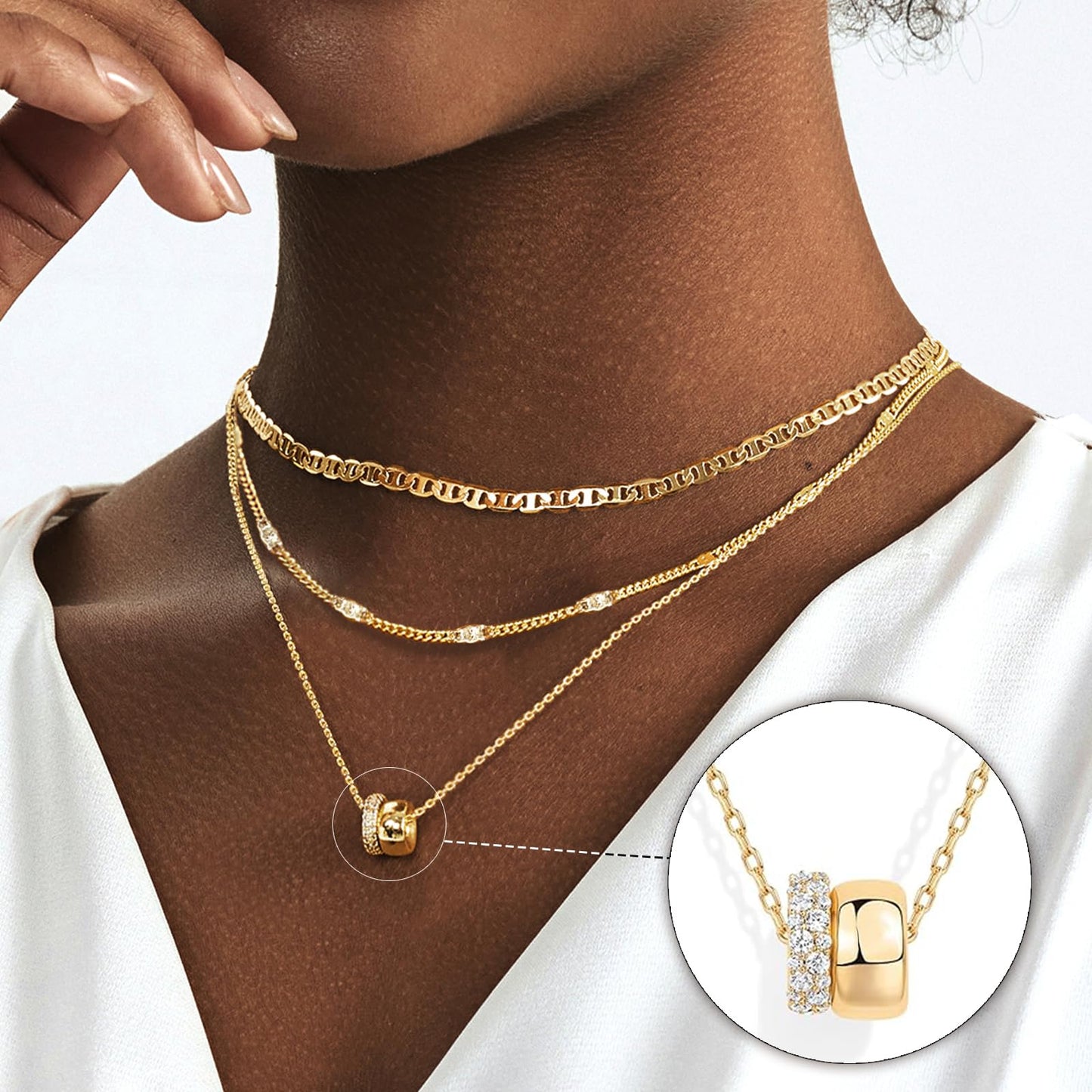 OGD Layered Necklaces for Women 14K Gold Plated Trendy Mariner Chain Dainty Circle Rondelle Pendant Choker Necklace for Women Two-Toned Cubic Zirconia Gold Necklace Stack Non Tarnish Hypoallergenic