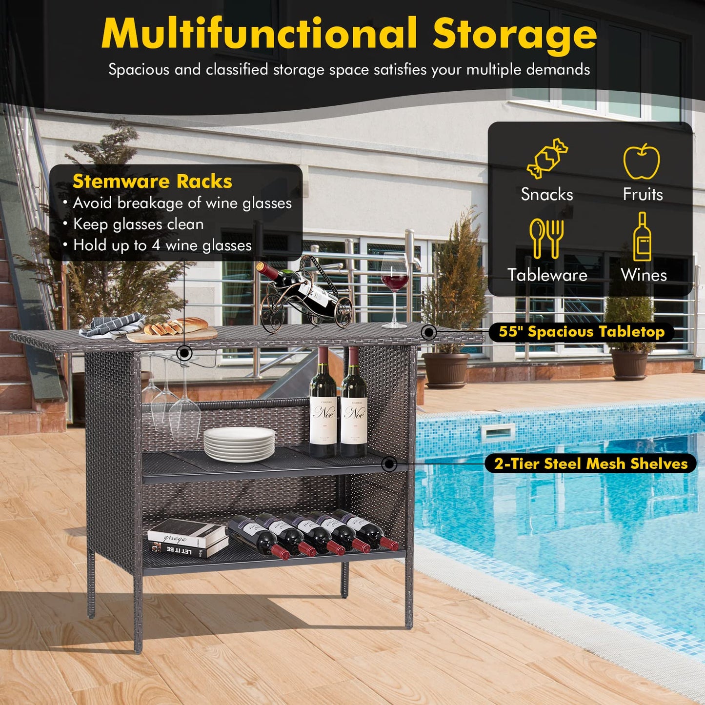FANTASK Outdoor Wicker Bar, Paito Bar Table w/2 Storage Shelves, 2 Sets of Rails and Condole Cup Holders, Rattan Bar Counter Table for Backyard, Poolside, Garden
