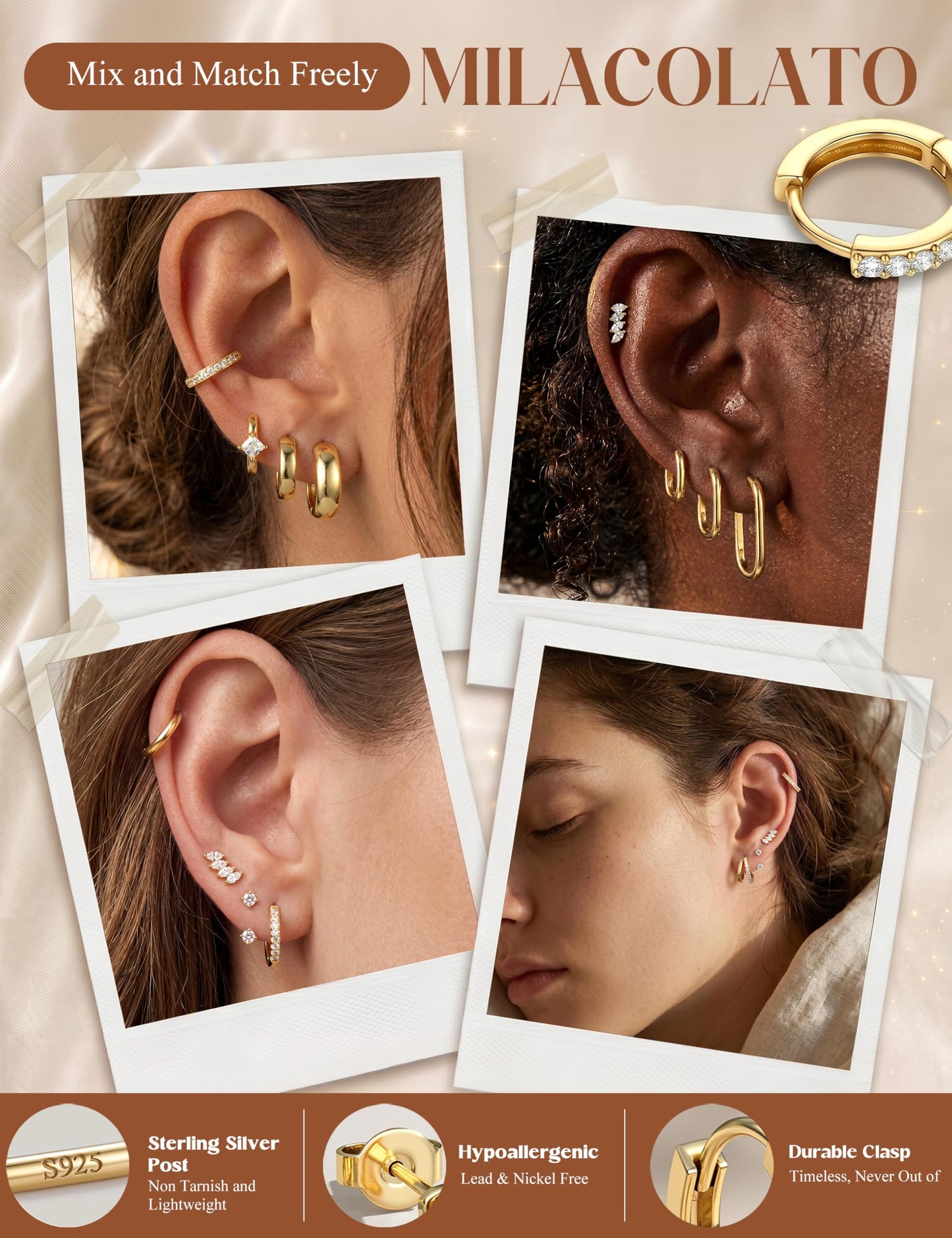 MILACOLATO 925 Sterling Silver Earrings for Women, 14K Gold Plated Small Huggie Hoop Earrings Sets for Multiple Piercing Hypoallergenic Jewelry, CZ Cartilage Earrings Stacks Trendy Jewelry Gifts, 3 Pairs