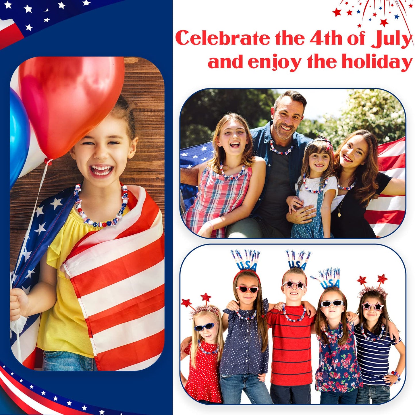 Chunful 300 Pcs 4th of July Wood Beads 250th Anniversary Patriotic Red White and Blue America Flag Star Charm Memorial Day Wooden Craft Beads for Independence Day DIY Jewelry Making, 9 Design