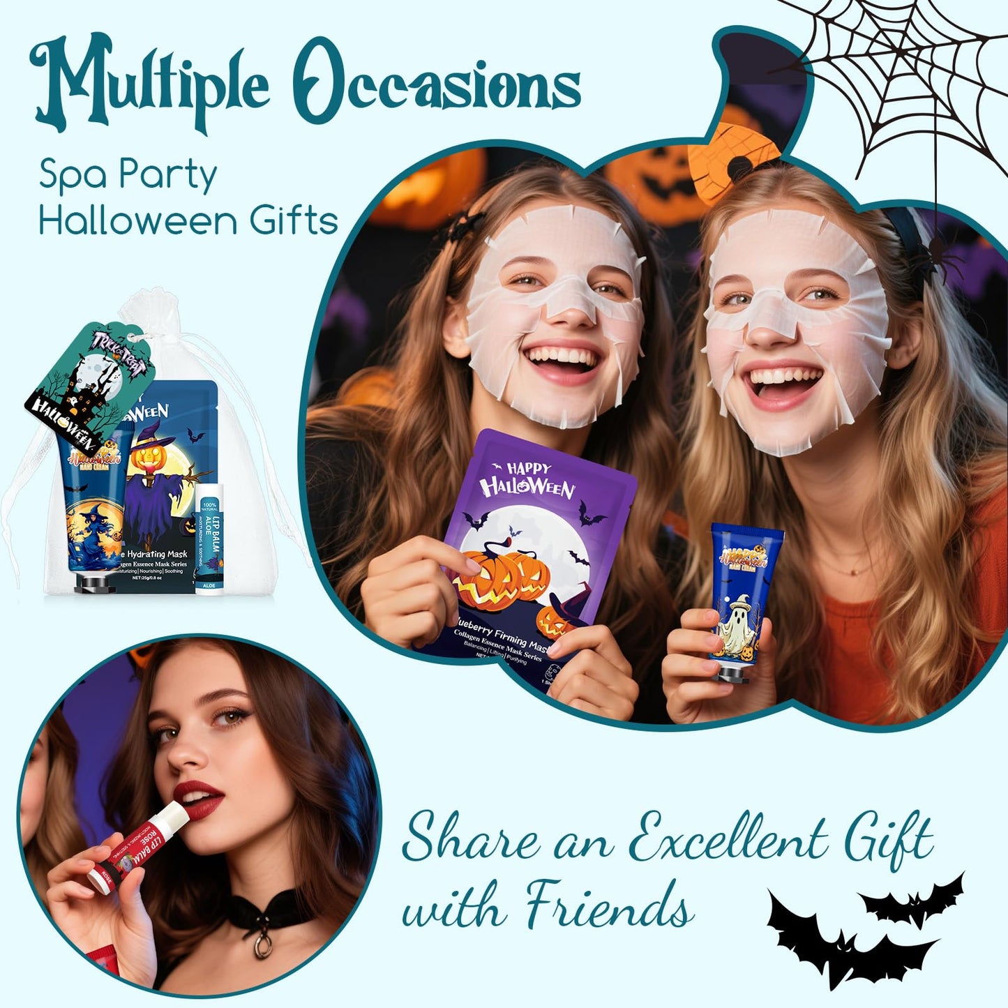 50 Pack Halloween Hand Cream, Facial Mask and Lip Balm Set, Bulk Halloween Gifts for Women, Halloween Decorations, Halloween Party Favors, Halloween Basket Stuffers and Halloween Skincare