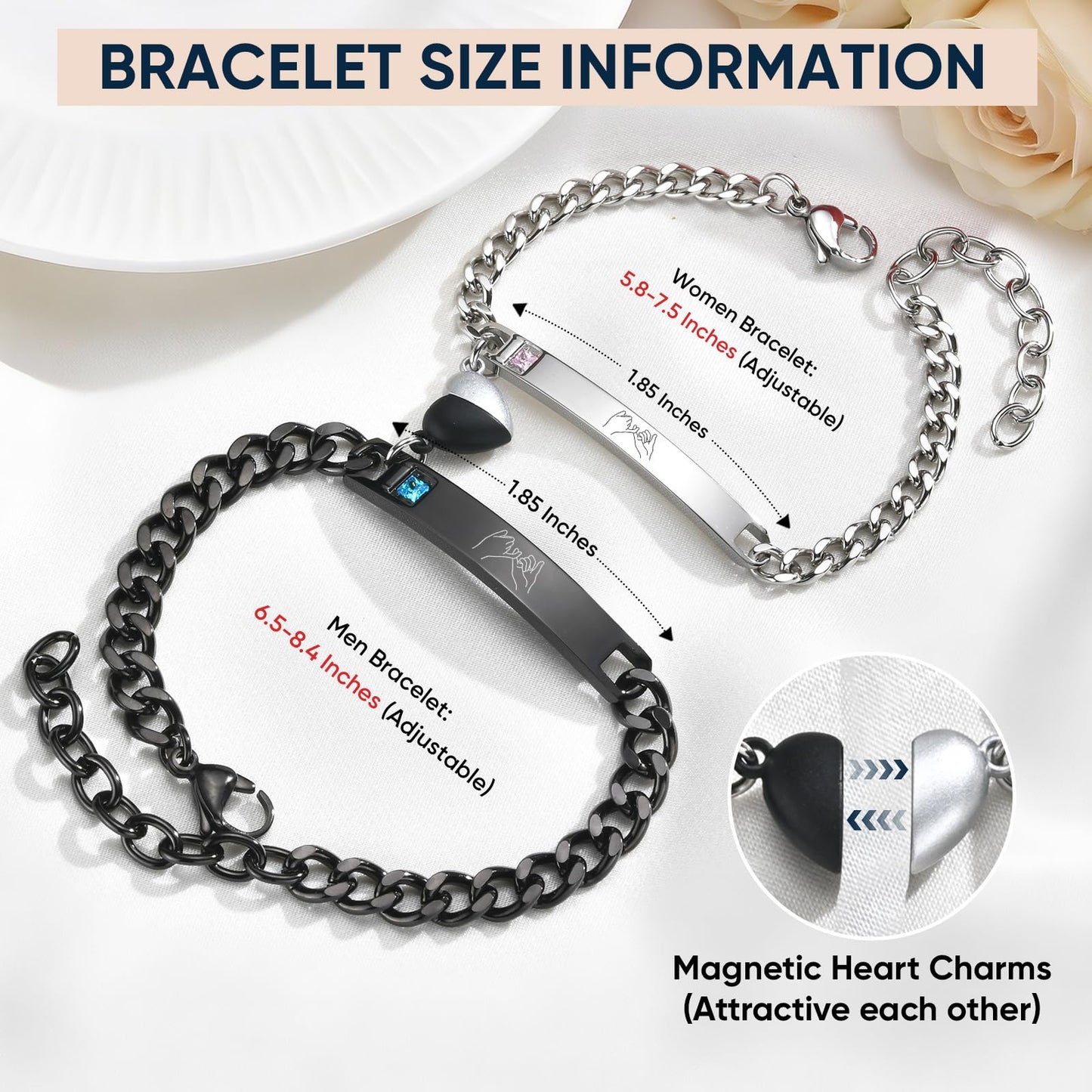 Pinky Promise Couple Bracelets for Men Women : His Hers Stainless Steel Cuban Link Chain Matching Bracelets Set for Boyfriend Girlfriend Husband Wife, Romantic Gifts for Valentines Anniversary