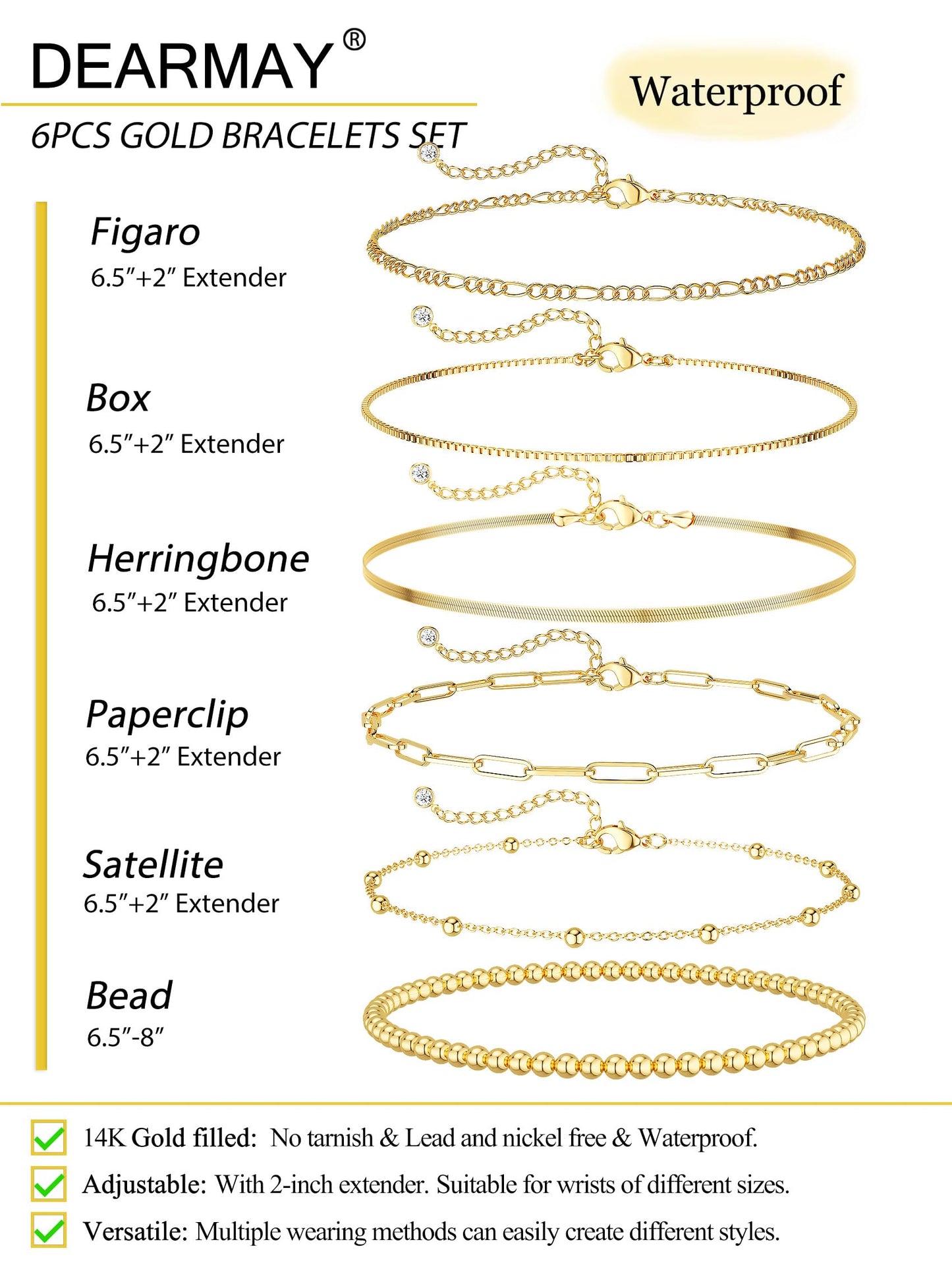 DEARMAY 14K Gold Plated Bracelets for Women, Jewelry Sets Trendy Dainty Stackable Paperclip Rope Snake Box Figaro Chain Bracelets Pack Costume Fashion Gifts