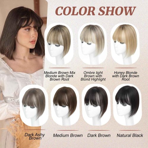 Hair Toppers for Women Real Human Hair 4.5x3inch Swiss Base Hairpieces, Human Hair Toppers for Women with Bangs (Ombre Light Brown with Blond Highlight)