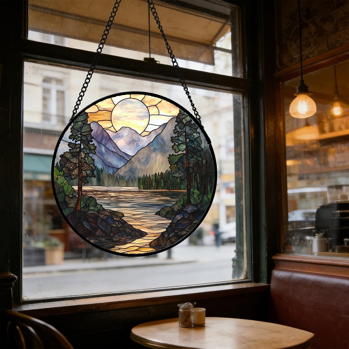 AMDERVEN Stained Glass Window Hanging, Sunset Mountains Lake Tree Sun Catcher for Window Home Decor Landscape Suncatcher Mother's Day Birthday Gifts for Women Men Mom and Nana 9.8 in