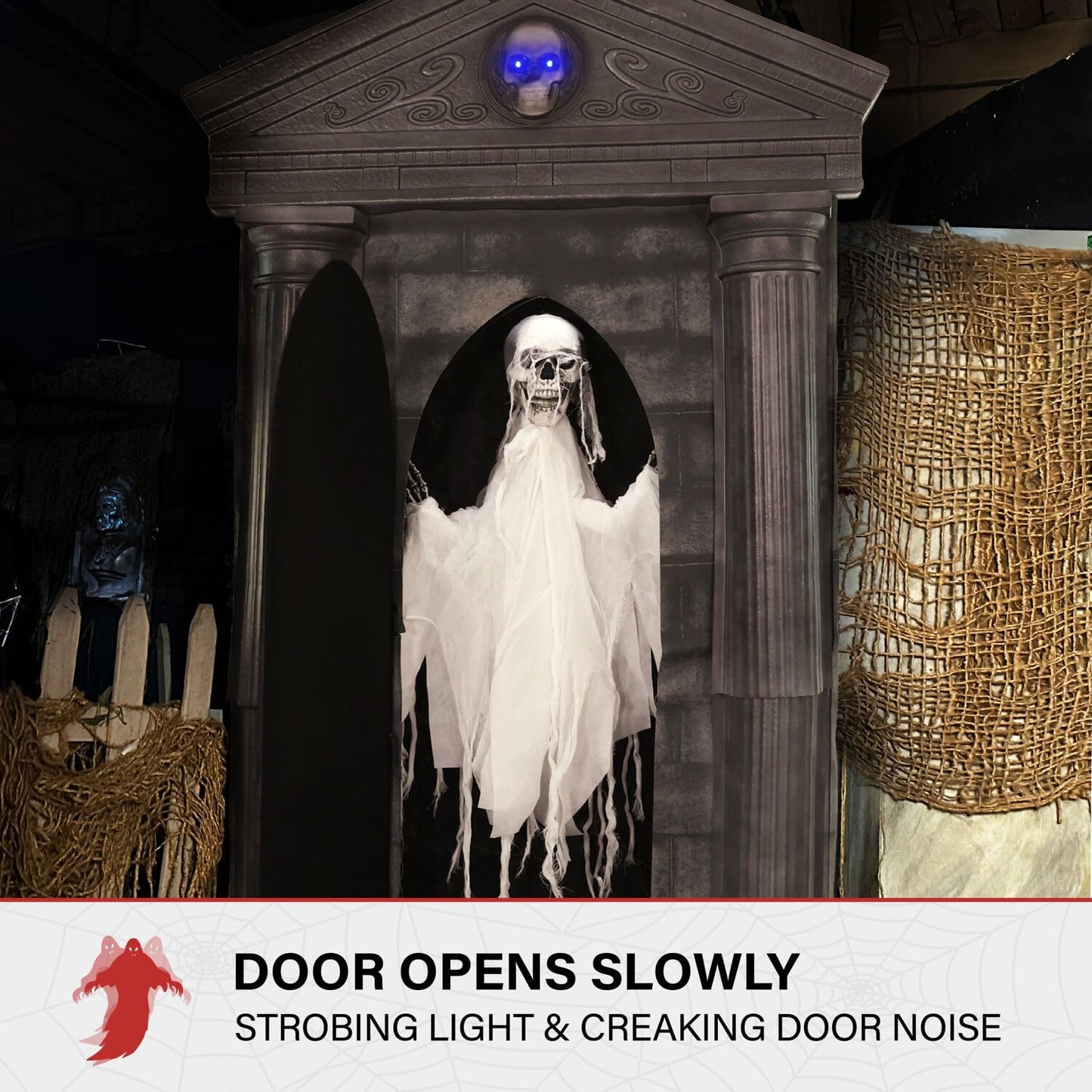 Haunted Hill Farm 6.7-Ft Animatronic Mausoleum by Tekky, Halloween Animatronic, Spooky House Wall Decoration, Creepy Indoor & Covered Outdoor Party Decor Motion-Activated Lights & Sound, LifeSize
