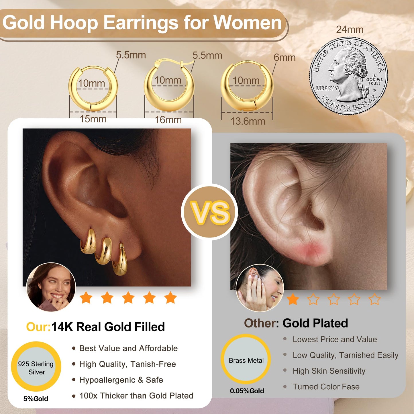 MILACOLATO 3Pairs 14K Gold Filled Hoop Earrings Set for Women Trendy Sterling Silver Post Small Chunky Hoop Earring Hypoallergenic Thick Huggie Hoop Earrings Stacks for Multiple Piercing Lightweight-B