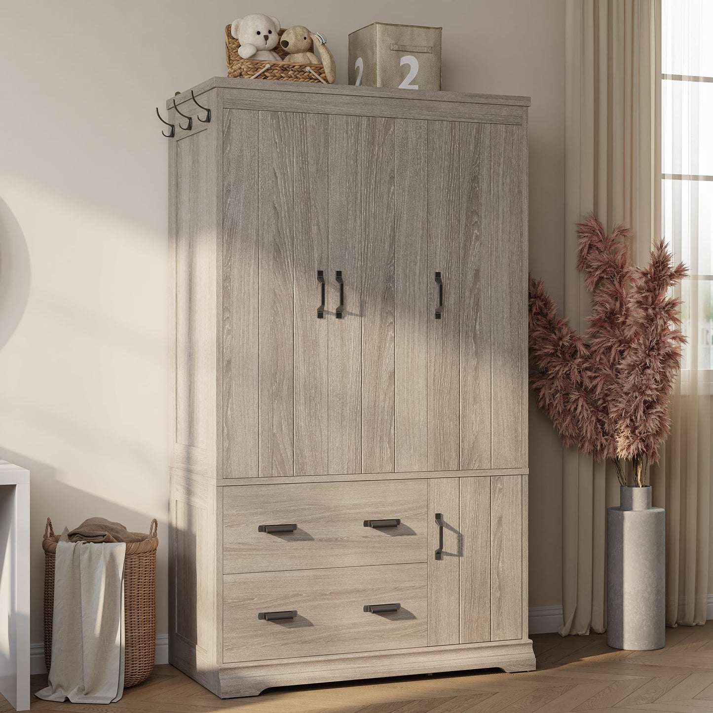 LIKIMIO Wardrobe Closet, 70" Tall 4 Doors Large Wooden Closet with 2 Drawers, 3 Shelves Bedroom Armoire with Hanging Rod, Freestanding Storage Cabinet for Hanging Clothes, Grey