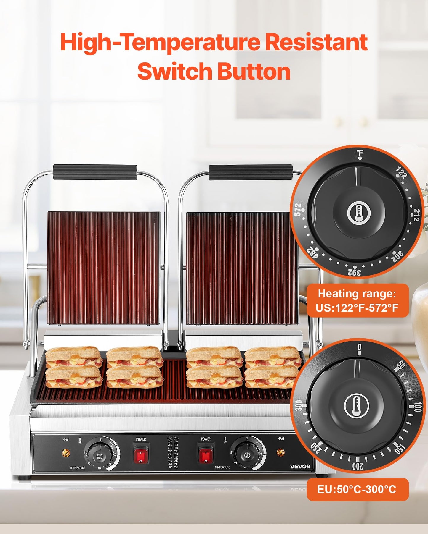 VEVOR Commercial Panini Grill, 3600W Electric Sandwich Panini Maker, Stainless Steel Double Sandwichs Press with Handle and Temp Control, 19x9 in Full Grooved Enamel Plate, for Hamburger Steak Bacon