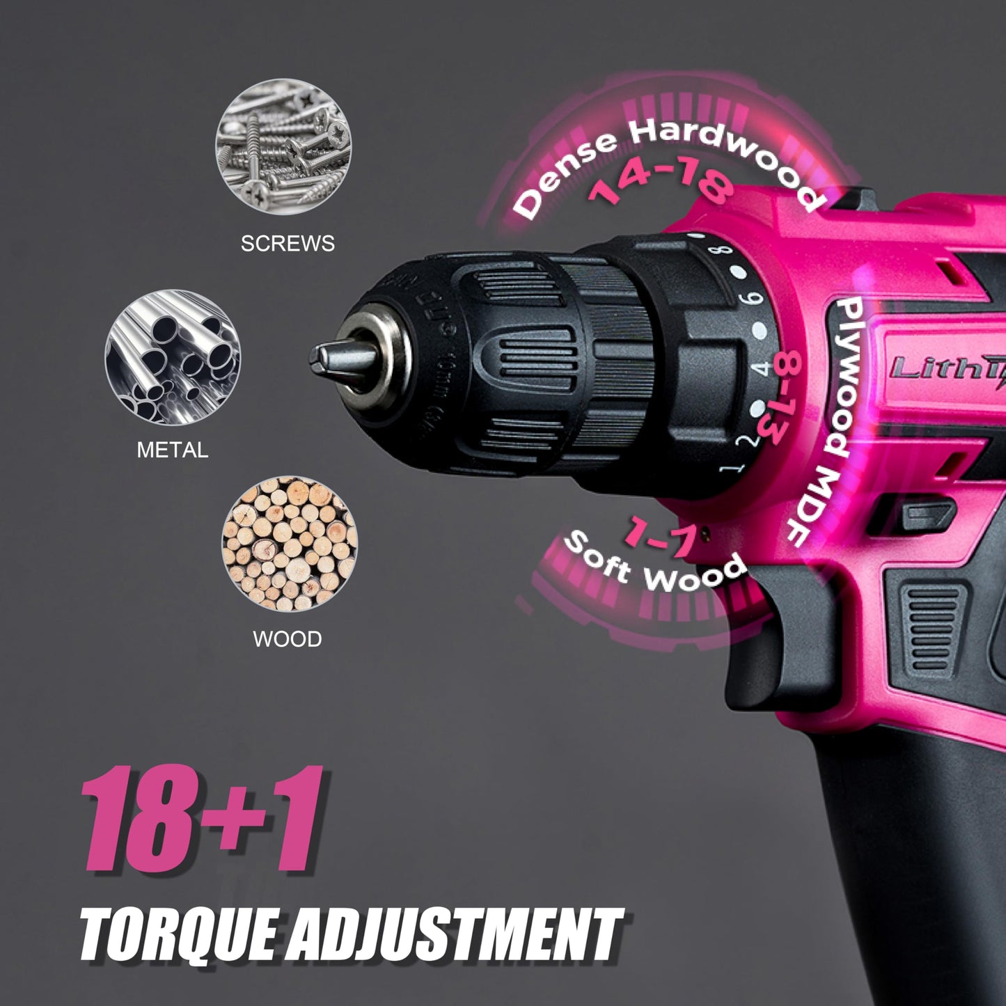 Lithitech 20V Pink Cordless Drill Set for Women - with 2.0Ah Battery & Charger, 3/8" Keyless Chuck,Lightweight Electric Power Drill Tool,2-Speed + 354 In-Lb Torque(Pink)