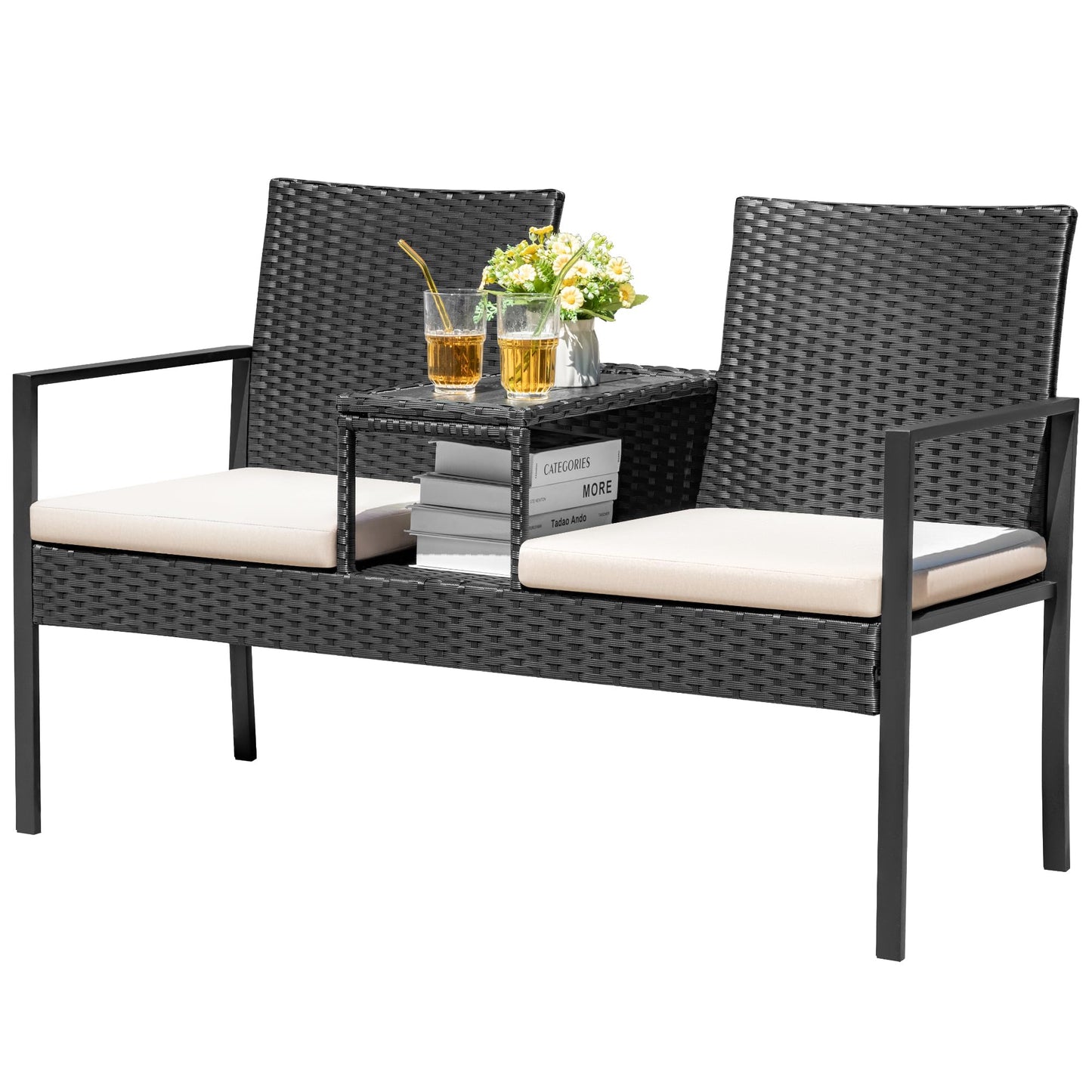Devoko Patio Conversation Sets Outdoor Loveseat with Built-in Table & Cushions Wicker Patio Furniture Porch Chairs Bench for Lawn, Backyard, Balcony (Beige)