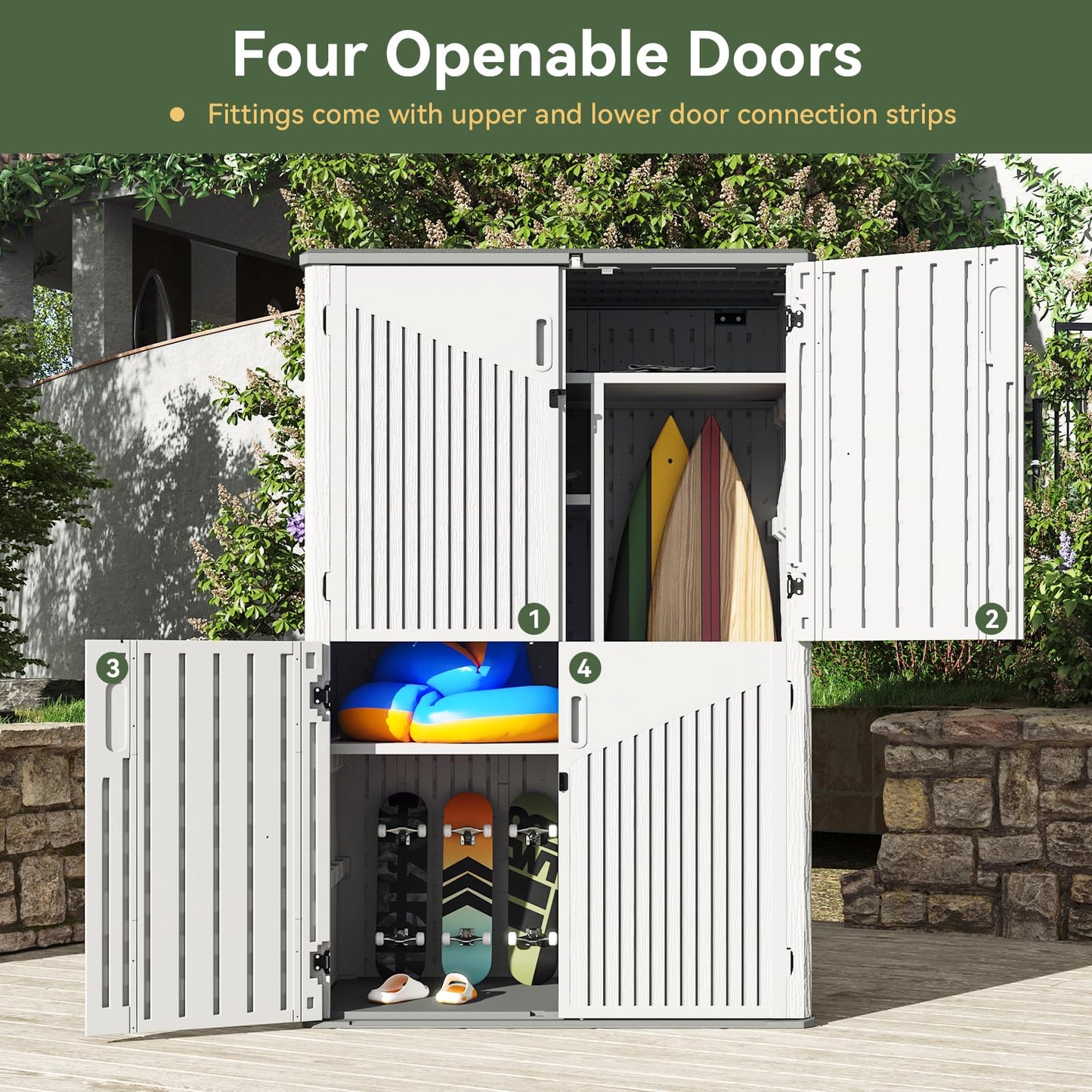 Aoxun White Resin Outdoor Storage Shed with 2 Shelves & Floor, 64 Cu.Ft Vertical Waterproof Cabinet for Garage, Pool, Bike, Garden Tools, Patio Furniture