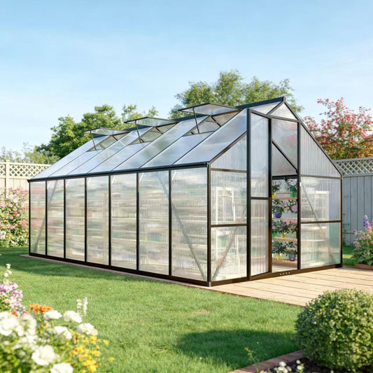 8 x 14 FT Greenhouse for Outdoors, Polycarbonate Greenhouse with Quick Setup Structure and Roof Vent, Aluminum Large Walk-in Green House for Outside Garden Backyard, Dark Gray