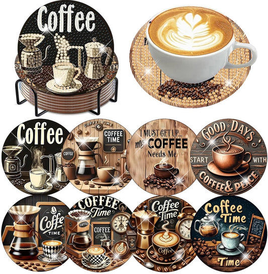 8 Pcs Coffee Diamond Art Coasters Kits, Coffee Diamond Painting Coasters Kit Set with Holder Cork Pads, DIY Diamonds Art Non Slip Coaster Crafts Kits for Adults Beginners Gifts