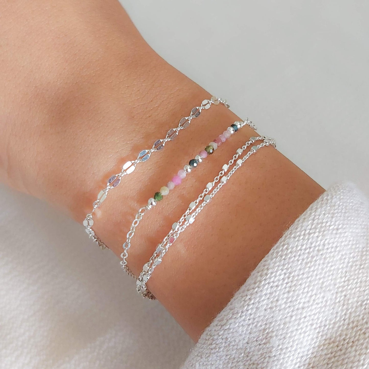Annika Bella Double Chain Sterling Silver Bracelet, Length 6.5-7.5 Inches, 925 Chain Bracelets for Women, Everyday Jewelry for Women (Cubes Satellite chains)