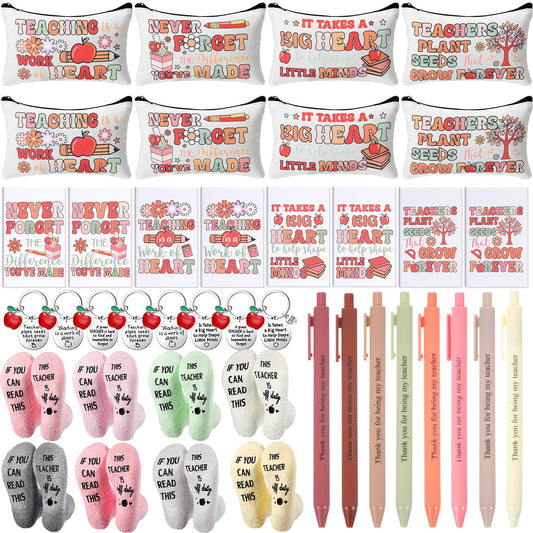 Fulmoon 40 Pcs Teacher Appreciation Gifts Thank You Teacher Gifts Bulk Socks Makeup Bags Keychains Motivational Notebooks Ballpoints(Wood Color,Teach Love Inspire)