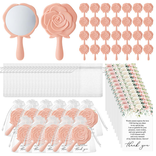 Wenqik 50 Sets Bridal Shower Favors Rose Compact Mirrors Bulk Wedding Favors for Guests Rose Compact Handheld Mirrors with Thank You Cards and Organza Bags Wedding Party Guests Souvenir Gifts (Pink)