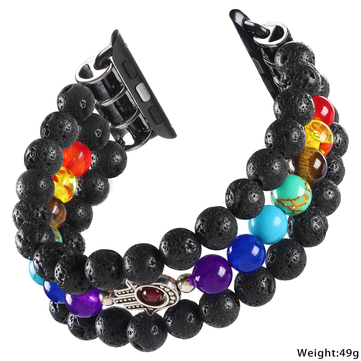 Chakra Healing Bracelet Lava Rock Protection Hamsa Hand Beaded Band Compatible with Apple Watch 10 9 8 7 SE 6 5 4 3 iwatch 38mm 40mm 42mm 44mm with Stainless Steel Adapter