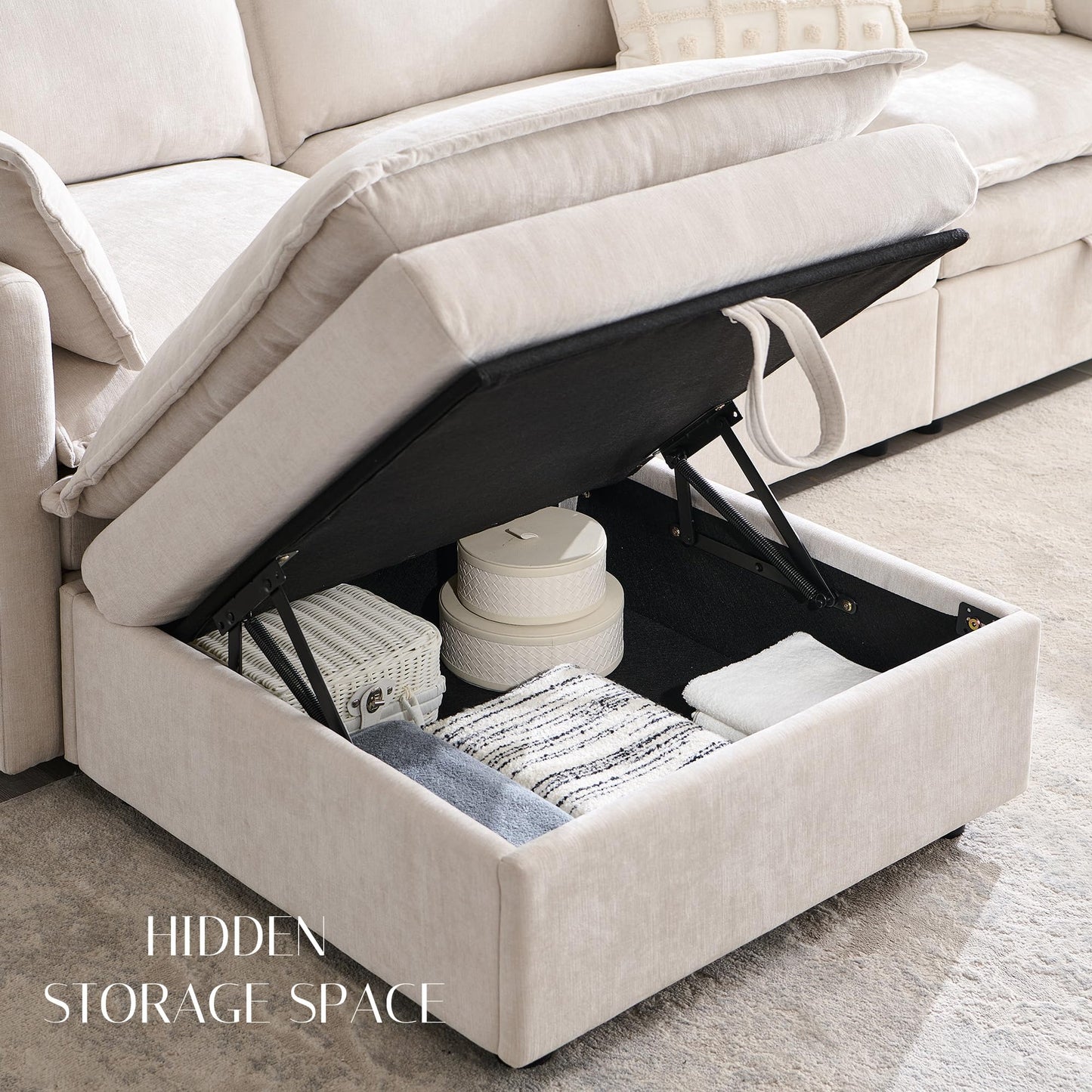85.83" Sectional Couches for Living Room, Cloud Couch Sectional with Large Storage Ottoman, L-Shape Modular Sectional Sofa with 5 Seater Chenille Sofa and Pillow for Apartment, Bedroom, Beige