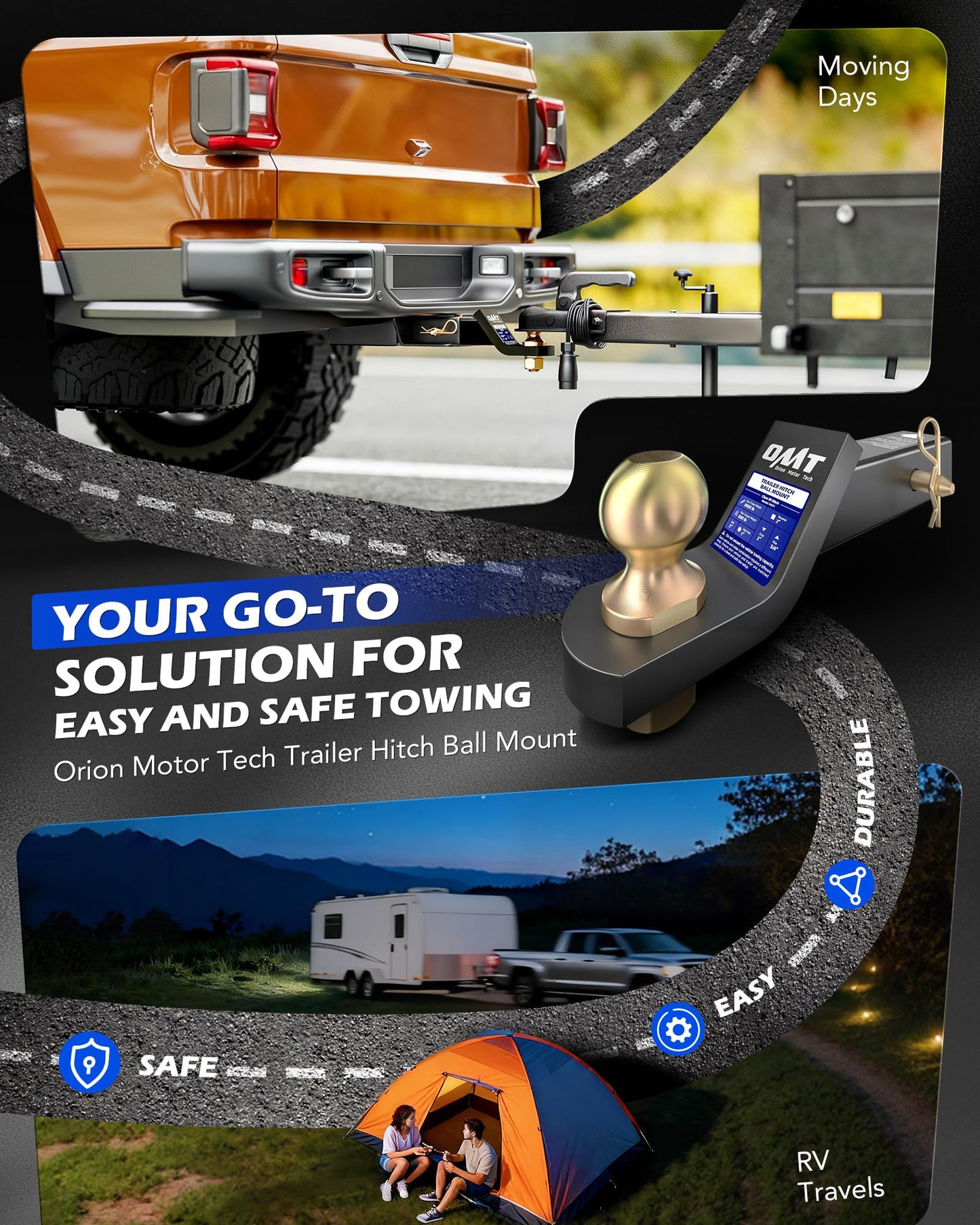 Orion Motor Tech Trailer Hitch Ball Mount, for 2" Receiver with 2" Ball 2" Drop 8000 lb. Towing Capacity, Heavy-Duty Tow Hitch Reversible Ball Hitch for Truck Boat RV Cargo with Hitch Pin & Clip