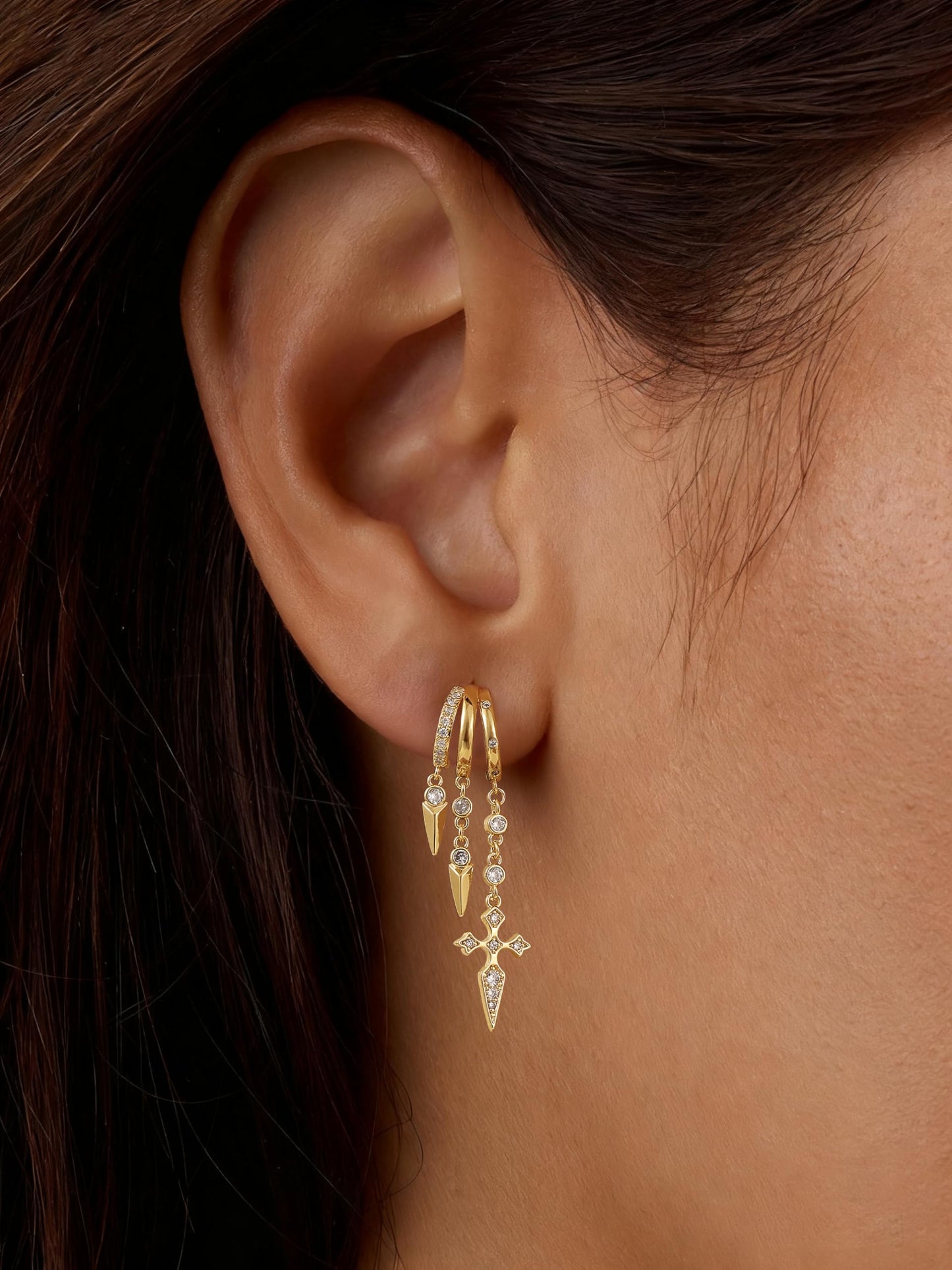 Freekiss Gold Cross Dangle Earrings for Women, 3 Hoop Illusion Huggie Drop Earring Set with Zircon, 14K Gold Plated Hypoallergenic Stud Earrings Gothic Jewelry for Women